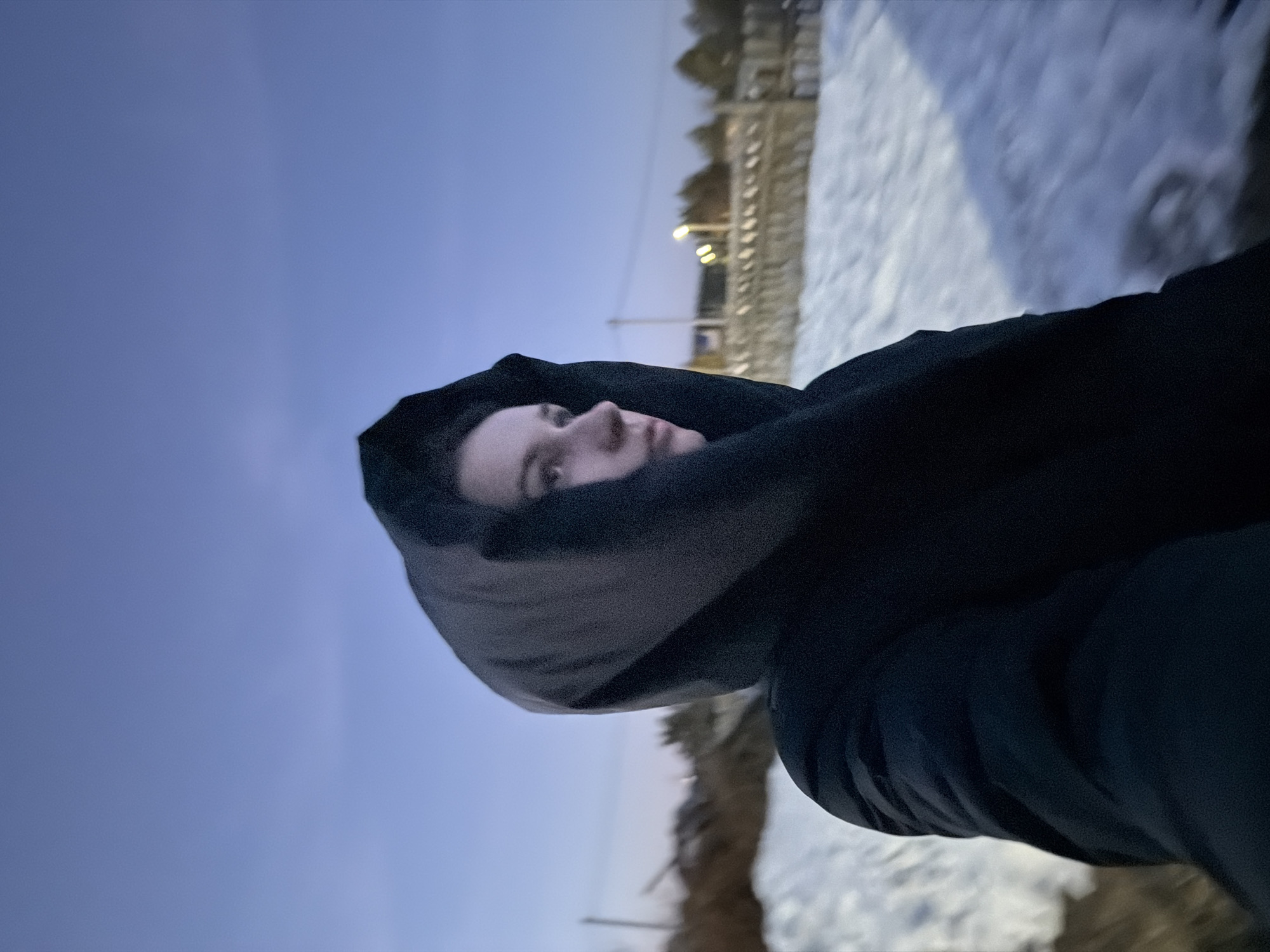 A person wearing a dark coat with a hood is outdoors in Chaikovsky, Russia. The person is looking up towards the sky. The background includes snow-covered ground, a fence, trees, and an evening sky. The location appears to be a park or public space.