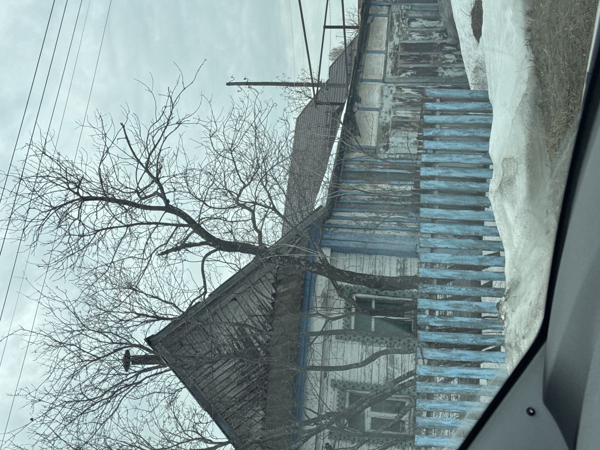 An eye-level photograph shows a faded and weathered, old wood-frame house in Noviy, Russia, with a bare tree growing in front of it. The house has peeling white and light blue paint, a dark gray roof, and decorative trim around the windows. A dilapidated blue wooden fence partially obscures the front of the house, and a patch of snow is visible to the right of the fence. Several power lines stretch across the cloudy sky in the background. The photo appears to be taken from inside a vehicle, as part of the car's interior is visible in the lower right corner of the frame.