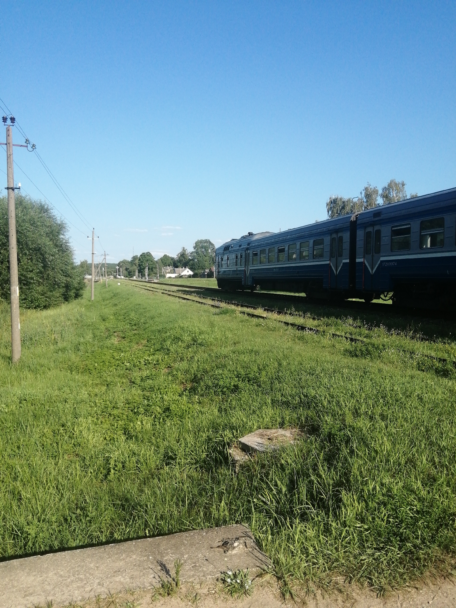 An outdoor, wide shot on a clear day depicts a blue train on a railway track at a rural location in Slonim, Belarus. The train is positioned in the center of the frame, running from right to left. The train carriages are blue with white trim. The railway track extends into the distance, flanked by a wide expanse of green grass and vegetation. On the left side of the frame, a wooden pole with electrical wires is visible. In the background, trees and some buildings can be seen, suggesting a small settlement or the edge of a town. The foreground features a concrete edge or path. The sky is a clear, bright blue. No people are visible in the image.