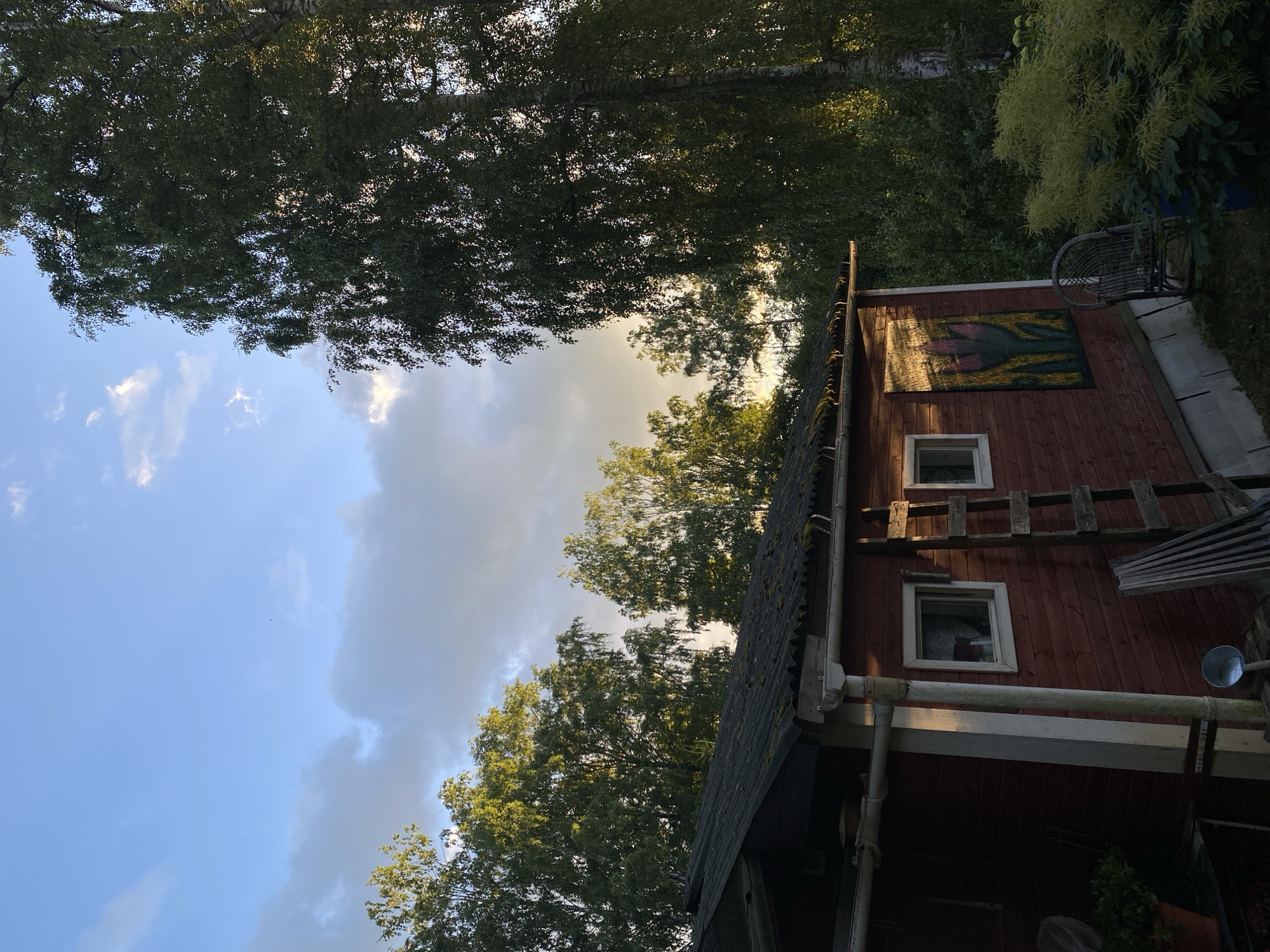 This is a low-angle, outdoor photograph of a red wooden building, possibly a shed or small house, with trees and a sky as the backdrop. The image is oriented sideways. The building has a dark, corrugated roof with some moss growing on it, and a white trim along the eaves. There are two windows visible on the side of the building, each with a white frame. A makeshift wooden ladder is leaning against the wall between the windows. On the wall above the upper window, there is a rectangular tapestry or painting depicting what appears to be a stylized flower or plant with yellow, pink, and green colors, illuminated by sunlight.
The sky is partly cloudy, with patches of blue and large, diffused grey clouds. The sunlight suggests it might be late afternoon or early morning, casting long shadows and highlighting parts of the building and foliage. Tall trees with green leaves dominate the background, with some sunlight filtering through their branches. To the right of the building, a wicker chair is visible. The overall scene conveys a rustic, perhaps rural setting. There is no visible text in the image. The location context provided is Voeikovo, Russia.
