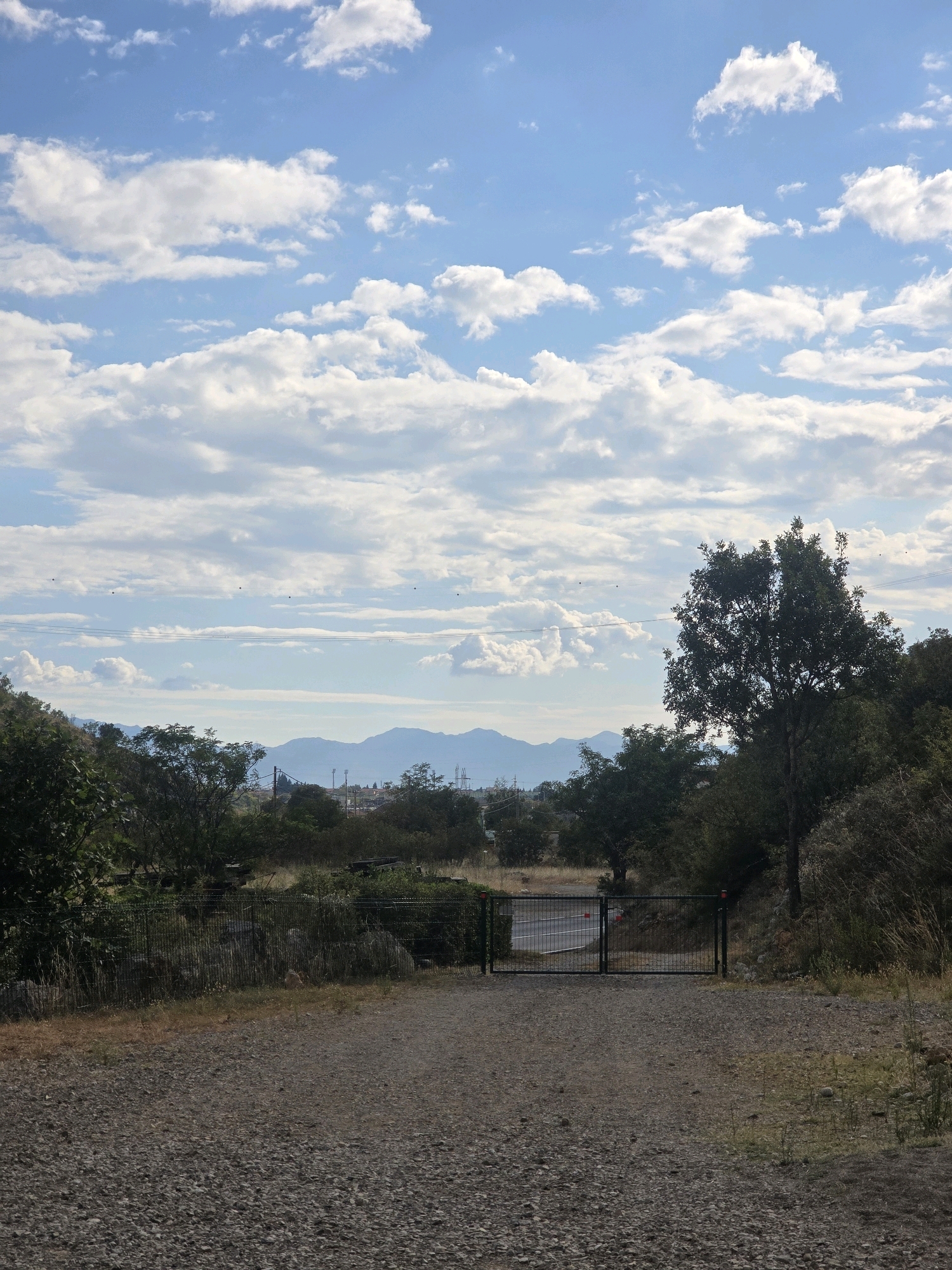 The image depicts an outdoor scene with a gravel path leading towards a metal gate. The gate is closed and has a mesh infill, with red reflectors on the top corners of the posts. Beyond the gate, a paved area is visible. The path is flanked by dry grass and low-lying vegetation on the right, and a fence with more vegetation behind it on the left. In the middle ground, there is a cluster of trees, one of which is larger and more prominent on the right side of the frame. Further in the background, a hazy landscape of rolling hills or mountains can be seen under a bright blue sky filled with scattered white clouds. A few small black dots, possibly birds, are visible in the sky. The overall impression is one of a rural or semi-rural environment, possibly on the outskirts of a city.
Specifically, this image was taken in the area of Podgorica, Montenegro. The combination of Mediterranean vegetation, the distant mountain range characteristic of the Montenegrin landscape, and the presence of power lines in the background are all indicative of this location. The scene appears to be a pathway leading to a property or an area that is fenced off, possibly an undeveloped plot or an access point to a natural reserve.