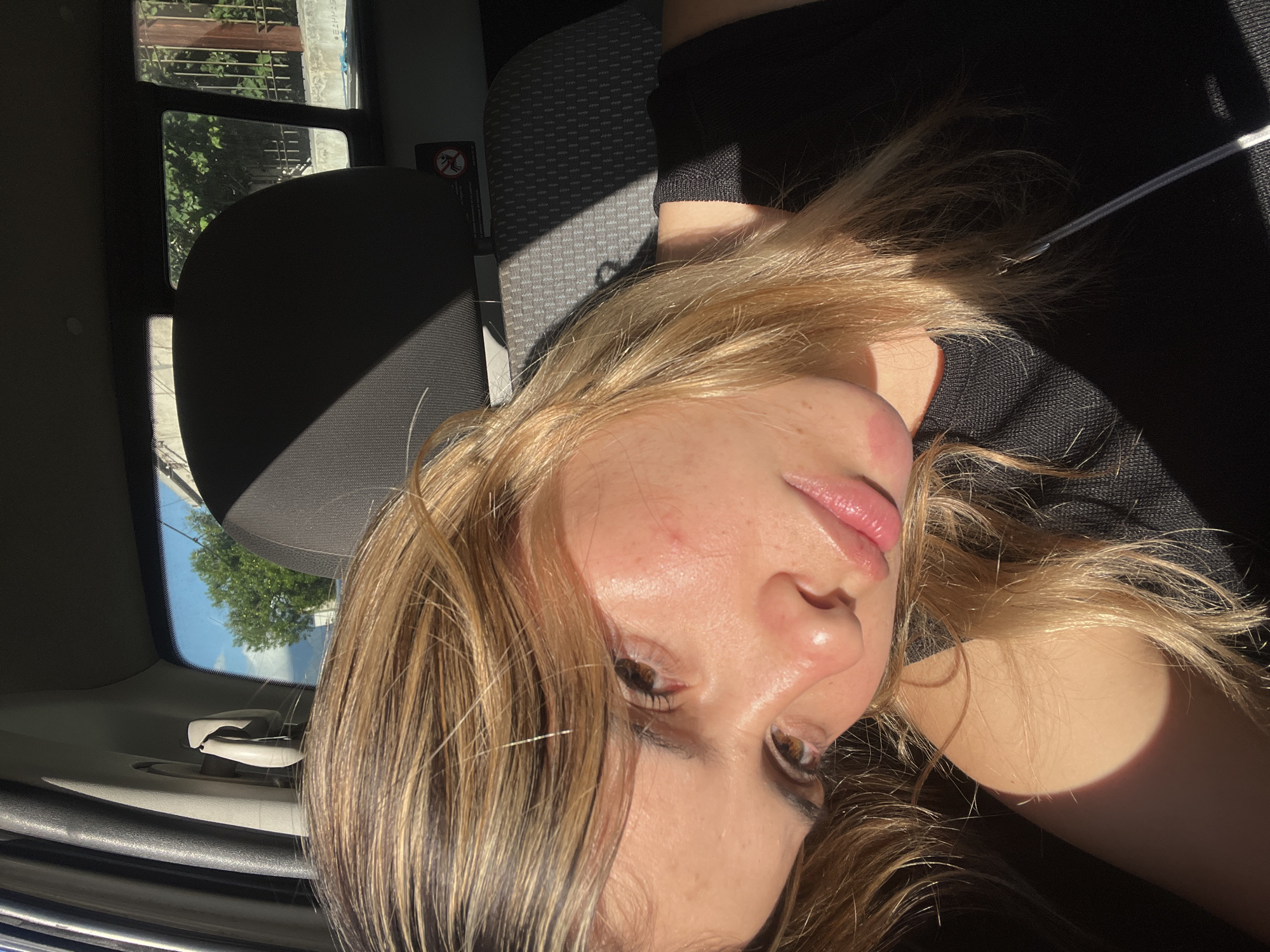 A woman with blonde and brown hair is in the passenger seat of a car. The car is parked or stopped, as suggested by the exterior view through the window showing trees and a building. The interior of the car includes a dark-colored seat, a headrest, and a dashboard. The woman is wearing a dark shirt. The lighting is sunny and casts shadows on the scene. There is no visible information to confirm the location in the city of San Fernando del Valle de Catamarca, Argentina.