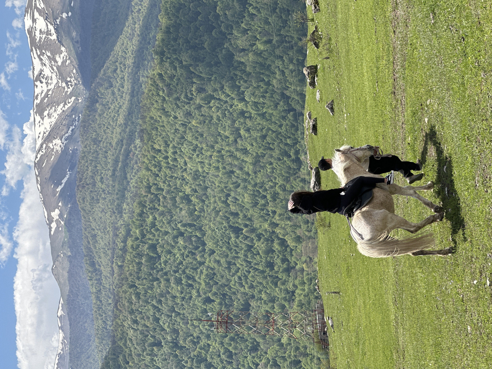 A landscape image taken outdoors during the day, showing two people on horseback in a grassy field. In the background is a dense, green forest covering a hillside, with a snow-capped mountain peak visible on the left. The sky is blue with scattered white clouds. In the middle ground, an electrical transmission tower stands amid the trees. The riders are wearing dark clothing and riding light-colored horses. The image appears to be taken in a rural setting with mountainous terrain, characteristic of Teghut, Armenia.