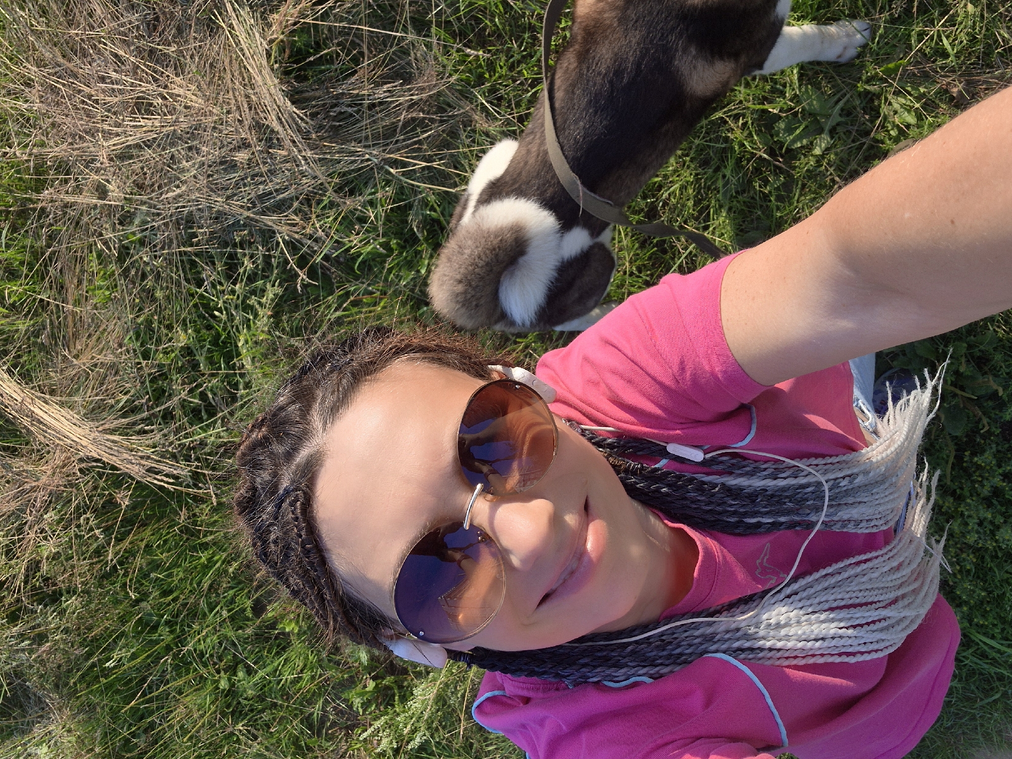 A woman with dark braided hair and large sunglasses takes a selfie outdoors, with a young goat beside her. She is wearing a bright pink t-shirt with light blue trim and white earbuds. The goat is a mix of brown and white. They are in a grassy area with dry grass in the background, suggesting a rural or park-like setting. The sun is shining, creating shadows and highlighting the textures of the grass and the woman's face. The location is not specified as being in Chaikovsky, Russia.