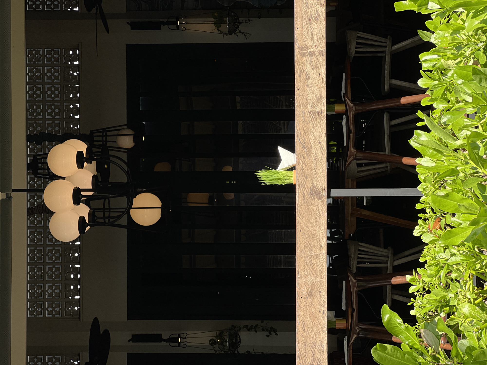 The original image is rotated 90 degrees clockwise, presenting a sideways view of what appears to be an indoor or semi-outdoor dining or common area, likely in a tropical setting such as Denpasar, Indonesia.
When viewed in its intended upright orientation, the scene depicts a blend of artificial and natural light. On the left side of the image, a large, dark metal chandelier with multiple glowing spherical white lights hangs from the ceiling. Below it, a section of a light-colored wall features decorative breeze blocks with intricate cut-out patterns, through which light subtly filters. A ceiling fan's dark blades are partially visible in the upper left.
The central part of the image transitions into a darker interior space, characterized by horizontal dark bands that resemble slatted windows or partitions, possibly reflecting the environment. Near the center, a thick, vertically oriented wooden beam with visible grain and nail heads acts as a structural element. To the immediate left of this beam, a small container holding vibrant, grass-like green plants and a white star decoration provides a pop of color against the dim background. Another cage-like light fixture hangs lower down on the left.
On the right side of the wooden beam, a brightly illuminated area is visible. A lush, vibrant green leafy plant with numerous leaves dominates the far right, suggesting it is bathed in natural sunlight. Behind this foliage and partially obscured by the beam, several wooden chairs are arranged or stacked, indicating a seating area. The stark contrast between the sun-drenched plant and the dim interior lighting suggests the time of day is either early morning or late afternoon/evening, where the interior lights are on while some natural light still penetrates the space. No text is visible in the image.