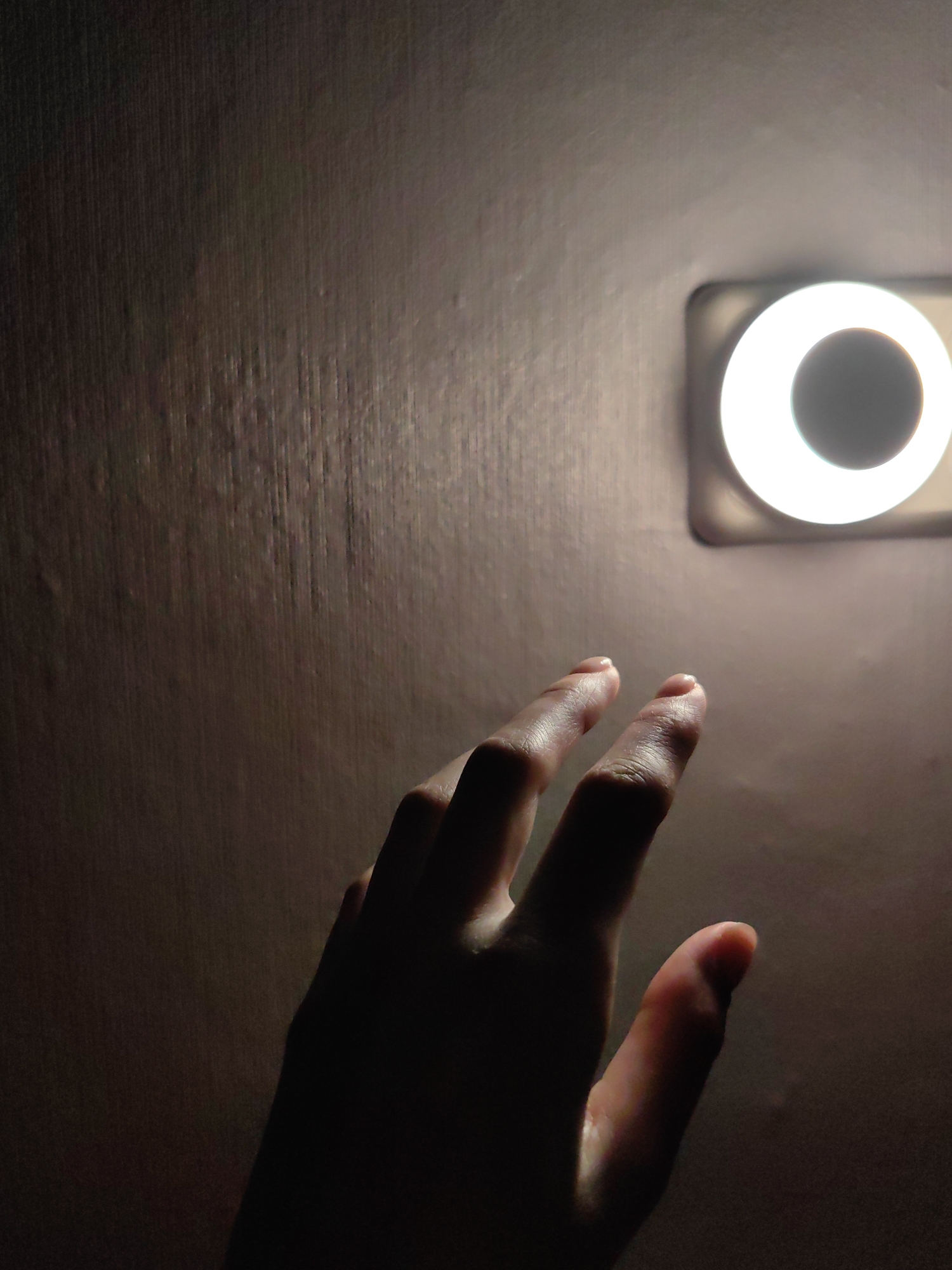 A close-up, low-light photograph shows a hand reaching towards a circular light source mounted on a wall. The wall appears to be textured. The hand is dark, with only the tips of the fingers being illuminated by the light. The light itself is a ring-shaped LED, appearing to be attached to a mobile phone. The overall scene is dark, with the hand and the background wall mostly in shadow. There is no contextual information to confirm if this photograph was taken in the city of Chaikovsky, Russia.
