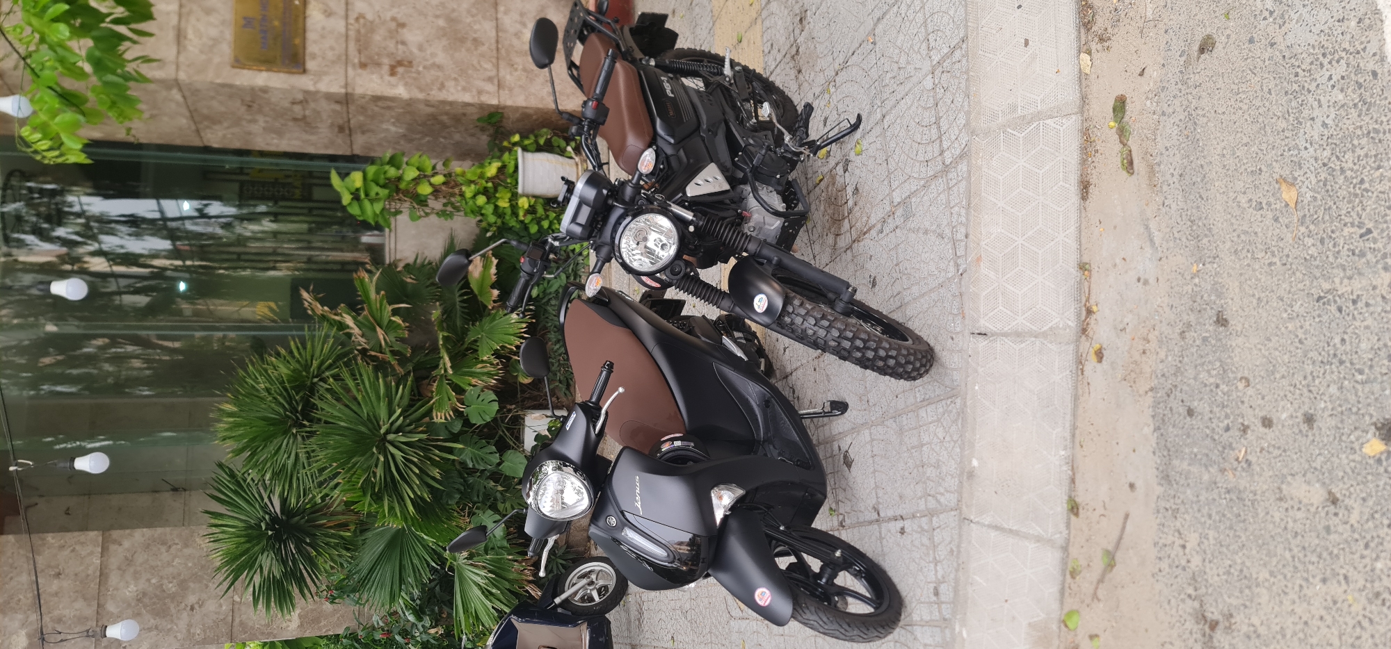 The image shows two parked motorcycles on a sidewalk next to a building with lush green vegetation. The motorcycles are a dark brown and black scooter and a black Royal Enfield motorcycle. The building has a stone facade and a large glass window reflecting the surrounding area. The sidewalk is paved with grey tiles. The location is likely in the city of Đà Nẵng, Vietnam.
