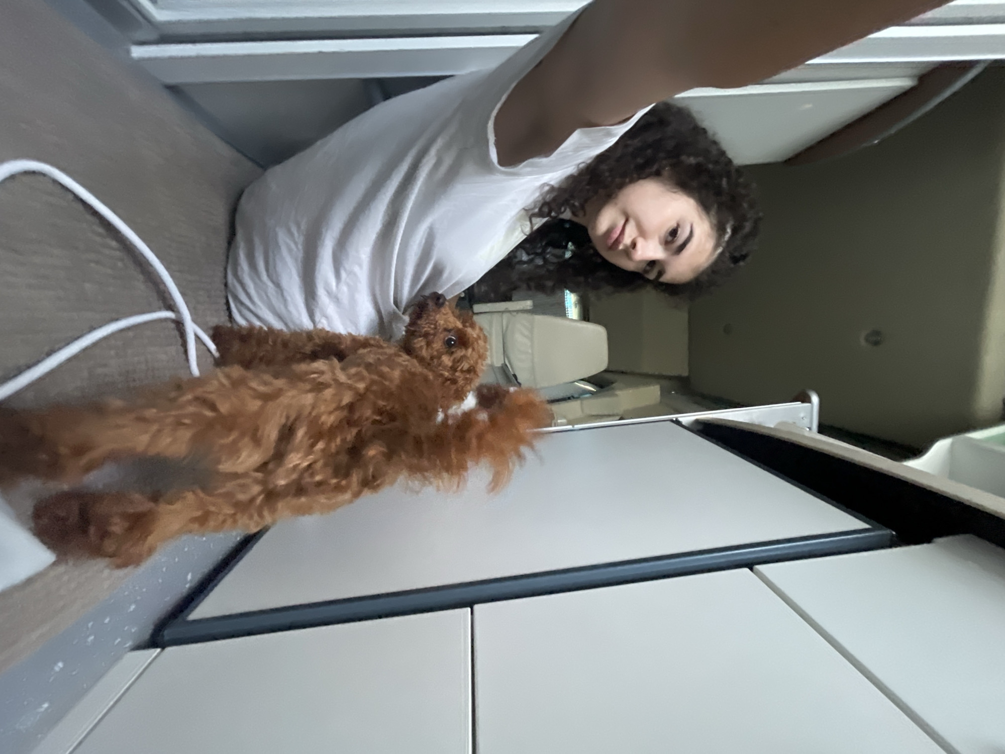 The image captures the interior of a recreational vehicle or camper van in Koprinka, Bulgaria. A young Caucasian female with dark, curly hair and a neutral expression is positioned on the left side, angled towards the camera, suggesting a selfie. She wears a light-colored, sleeveless top, with her left arm raised to hold the camera. To her right, a small, reddish-brown curly-haired dog, resembling a poodle, stands with its back mostly to the camera, its head turned towards the right. A white cable is visible on the light brown floor in the foreground, extending from the lower left. The background reveals light-colored cabinetry or wall panels on the right, featuring a dark vertical strip and horizontal seams. Further into the vehicle's interior, a light-colored seat with a headrest is partially visible. The setting appears well-lit and confined, characteristic of a vehicle's living space.