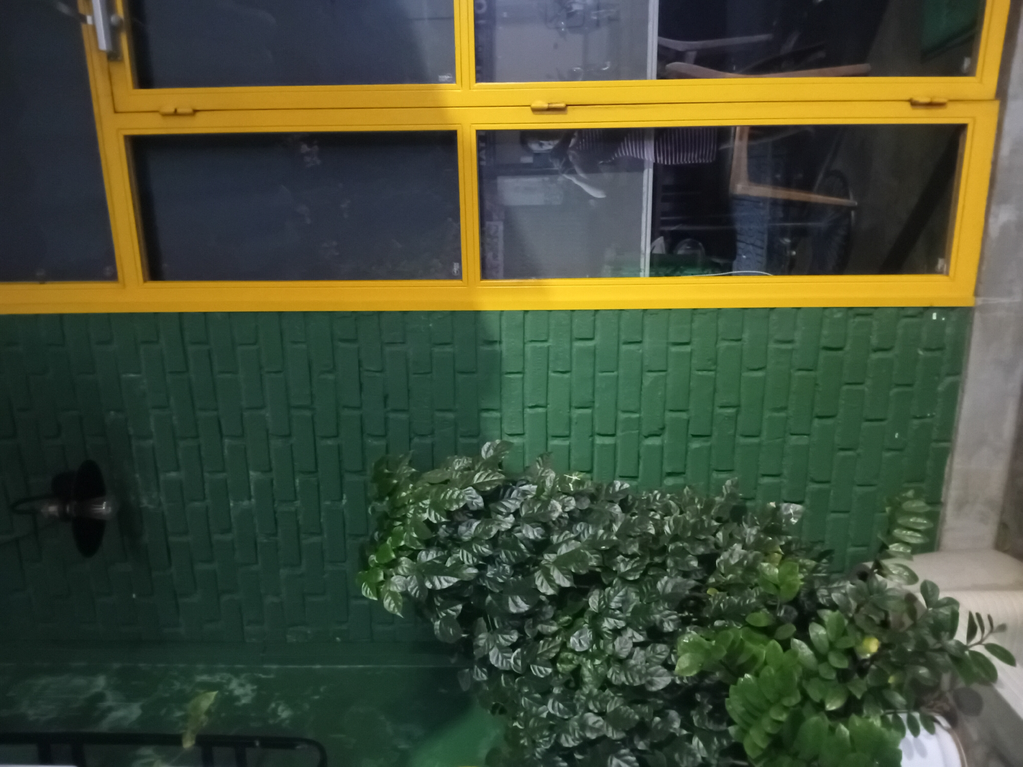 The image depicts an exterior view of a building with a vibrant green brick wall on the left and a large yellow-framed glass door on the right. A large, leafy green plant is positioned in front of the brick wall. The glass door reflects the interior of what appears to be a restaurant or cafe, showing tables, chairs, and a person taking a photo of themselves in the reflection. The scene is likely located in Đà Nẵng, Vietnam, given the characteristic architecture and vibrant colors often found in commercial establishments in the city.