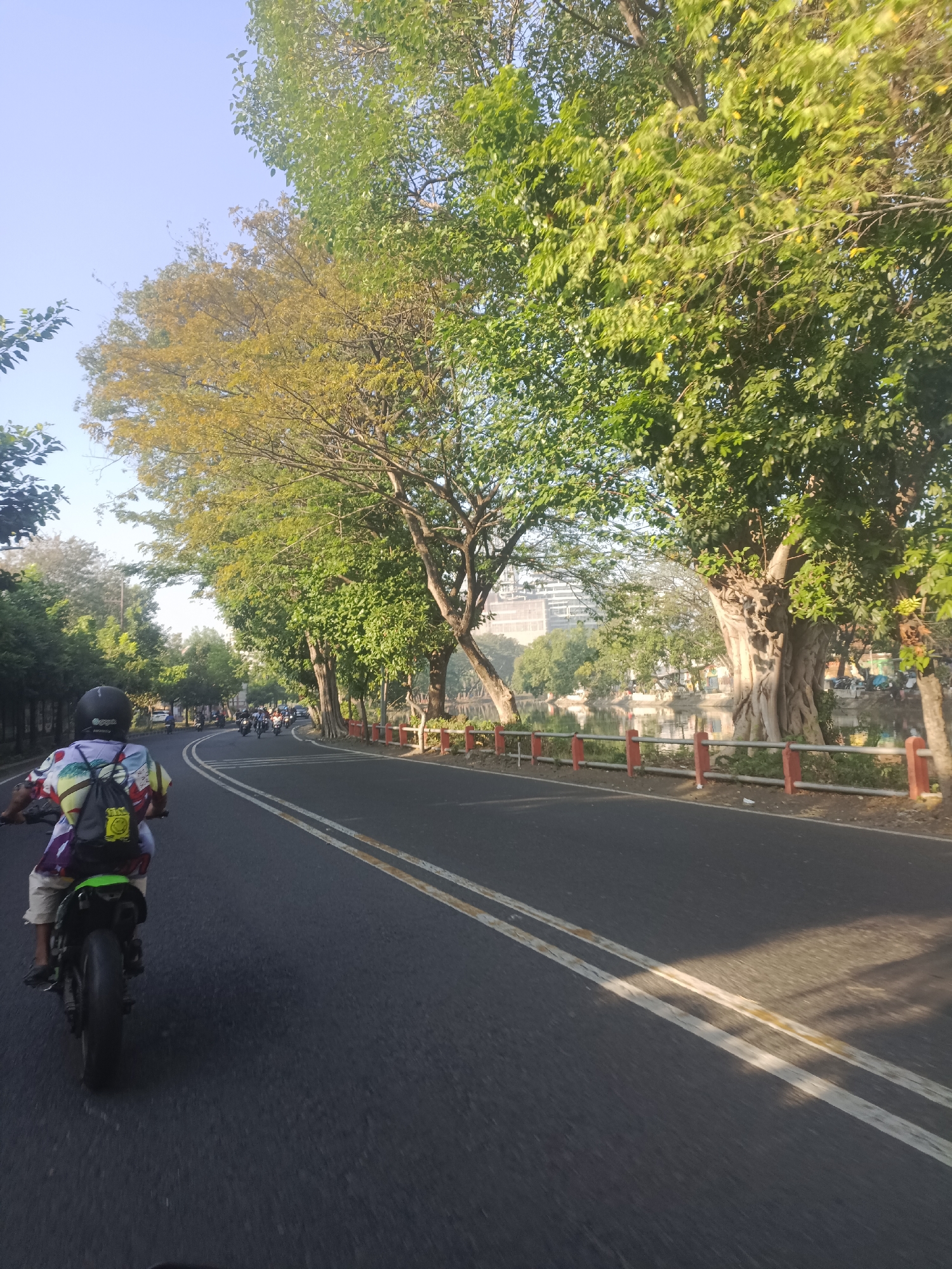 The image depicts a person riding a motorcycle down a paved road lined with trees. The rider, viewed from behind, wears a helmet and a colorful shirt with a backpack. The road has double yellow lines. In the background, there is a body of water with a railing along the edge, and buildings are visible beyond the trees. The sky is clear and blue. The scene appears to be an urban park or roadside area during daylight.
