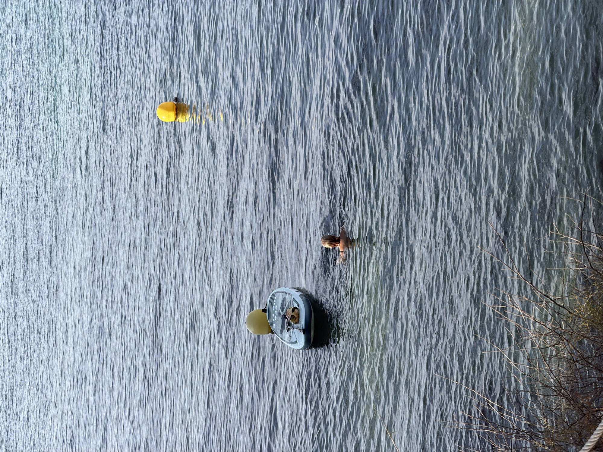 The image shows a tranquil scene of a person swimming in the clear waters off the coast of Palmanova, Spain. The water is a deep blue, with gentle ripples reflecting the sky above. In the distance, a yellow buoy floats on the surface. Closer to the shore, a paddleboard is anchored to another yellow buoy, suggesting recreational activity. The person swimming appears to be enjoying a peaceful moment, with their head and shoulders visible above the water. The foreground is bordered by dry, sparse vegetation, characteristic of the Mediterranean landscape.
