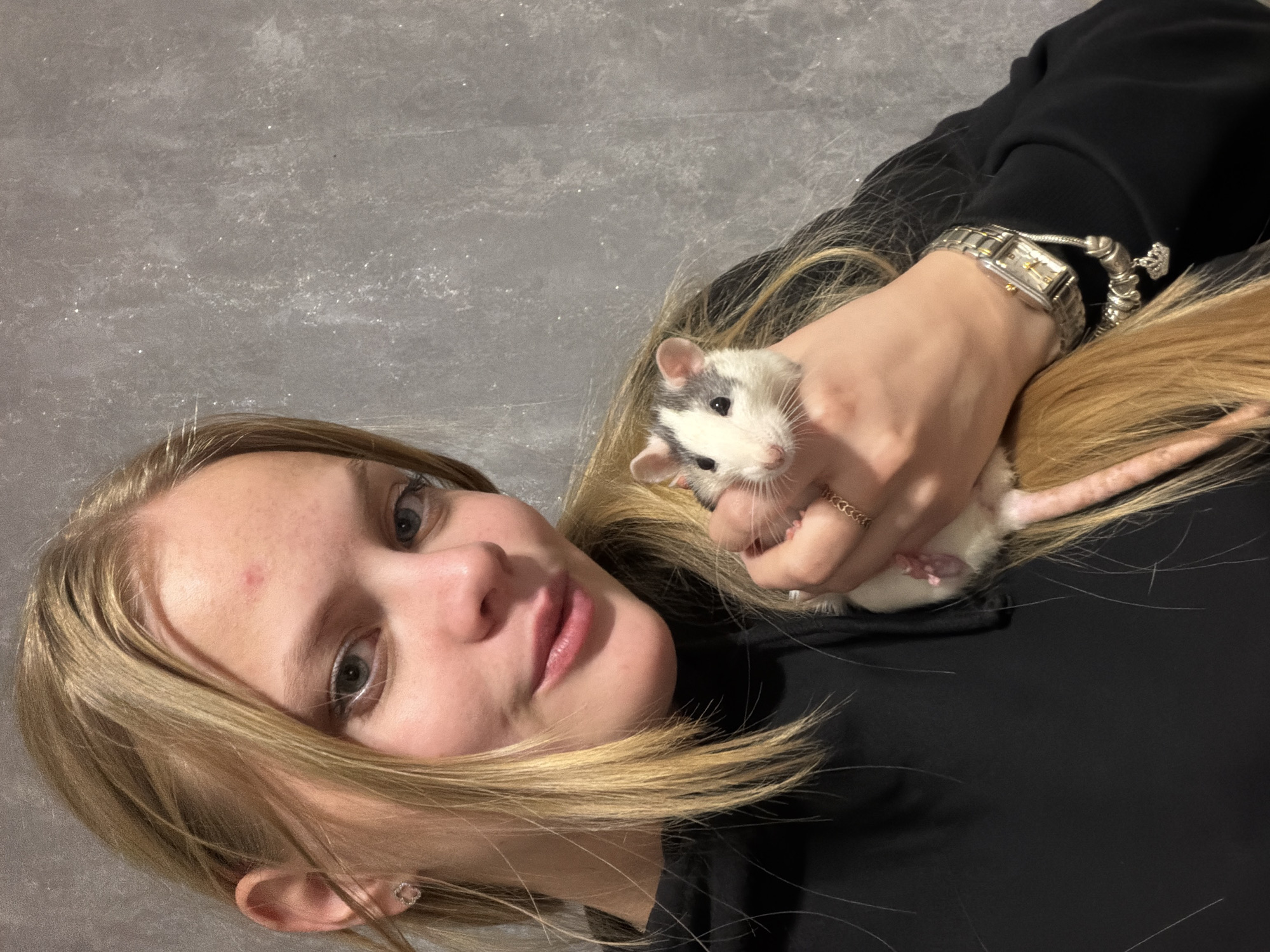 An angled, close-up shot captures a young person affectionately holding a small pet rat, likely indoors in Chaikovsky, Russia. The person, appearing female, has long, straight blonde hair framing her face and flowing over her black long-sleeved top. She looks towards the camera with a gentle smile, revealing light-colored eyes accented with subtle eyeliner. A small red mark is visible on her forehead.
On her left wrist, she wears a silver-toned watch with a rectangular face and a silver-toned bracelet, possibly a charm bracelet. A gold-toned, patterned ring adorns a finger of her right hand, which is cradling the rat.
The pet rat is small, with distinct white fur and grey/black patches on its head and back. It has a pink nose, dark eyes, and prominent whiskers, and appears calm, also looking towards the camera. Its long, pink tail is visible. The background is a textured, light grey wall, possibly concrete or plaster, featuring subtle reflective specks or glitter. The lighting suggests an indoor environment. The scene conveys a sense of warmth and affection between the person and their pet. No visible text is present in the image.