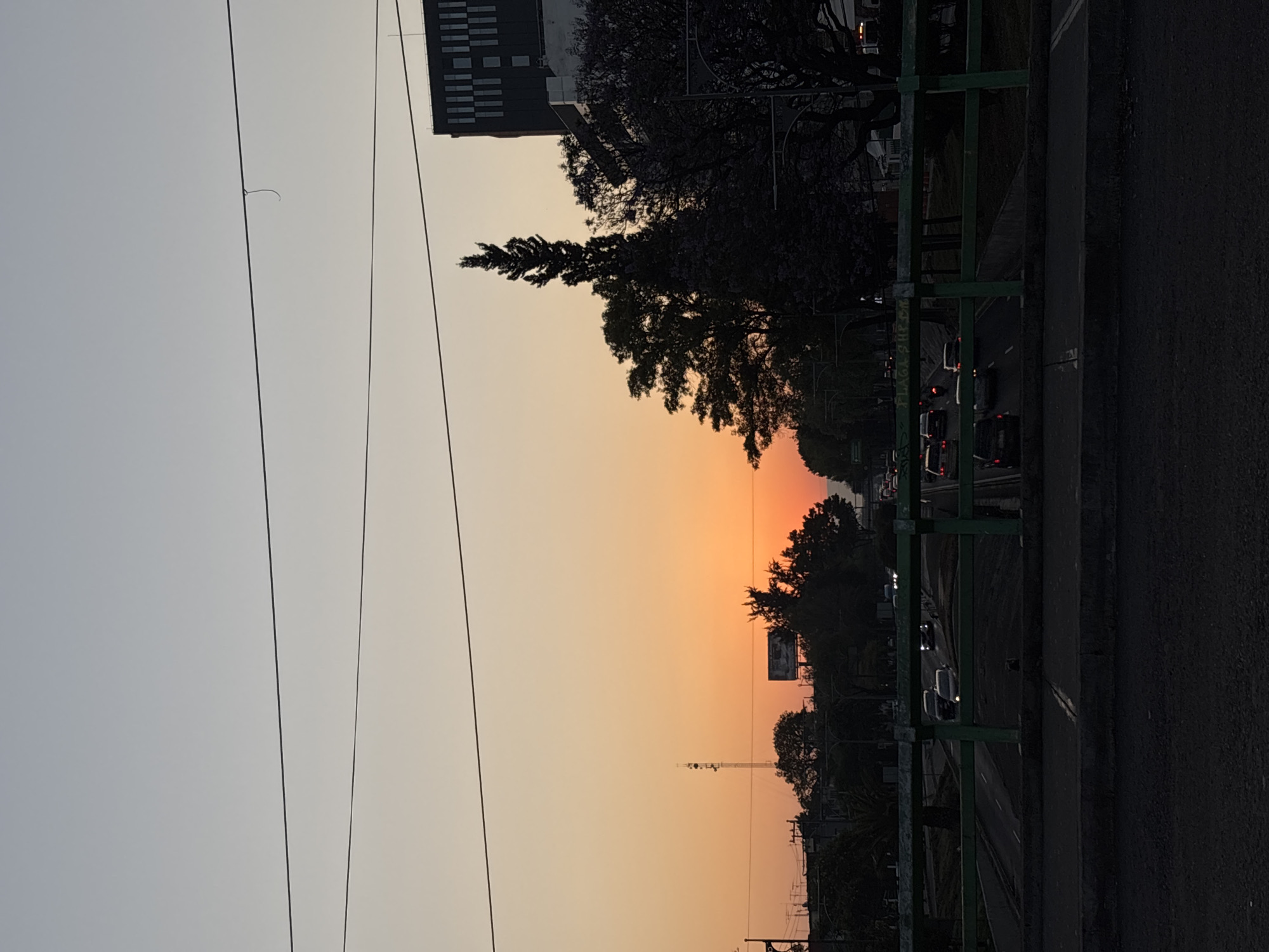 The image shows a street scene at dusk in Mexico City, Mexico. A multi-lane road is visible through a green metal fence, with traffic consisting of cars and vans. Trees line the road, silhouetted against the orange and grey sky. Power lines run parallel to the road. A tall building is seen on the left side. The time of day appears to be sunset or twilight.