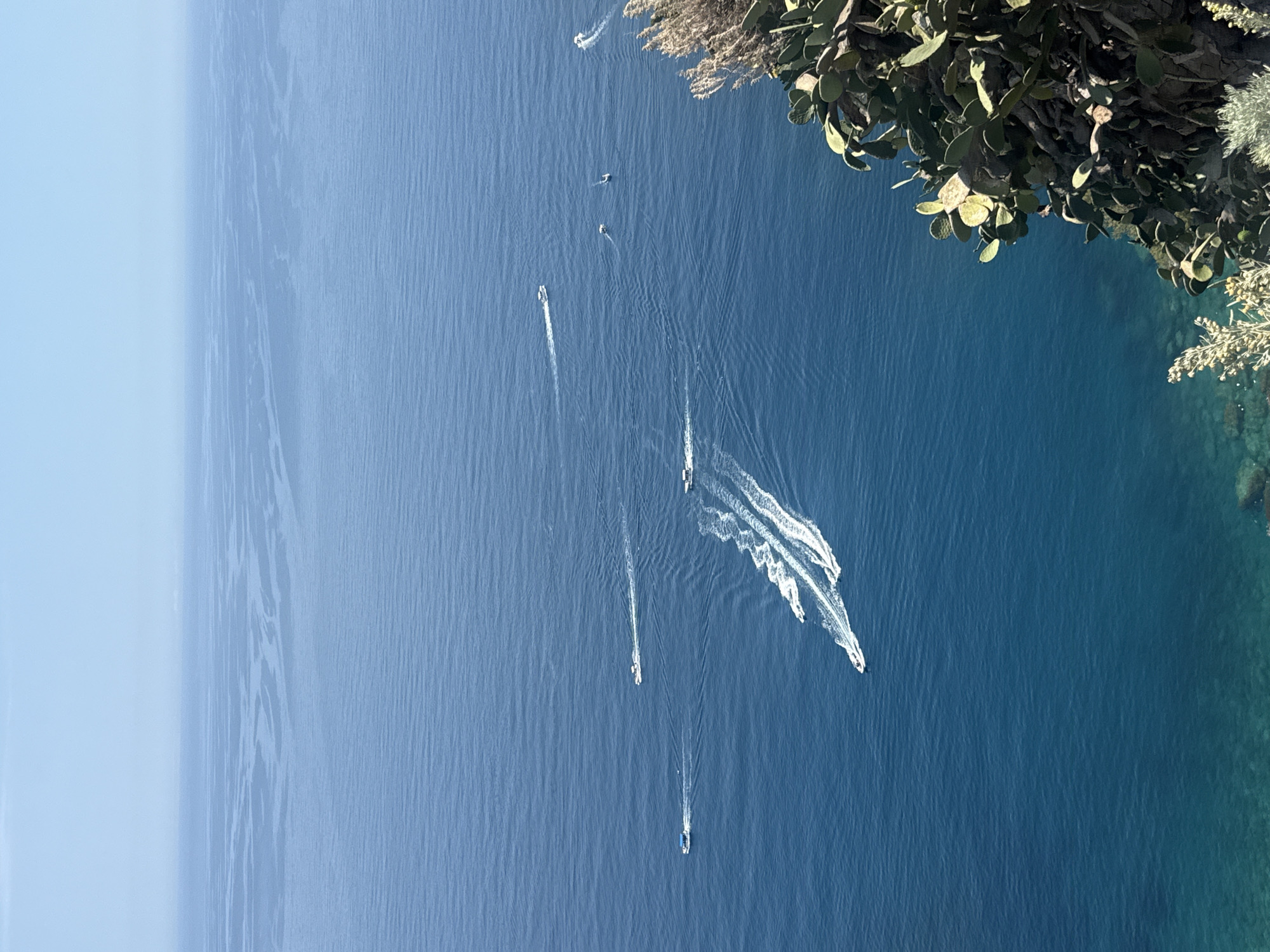 This high-angle shot captures a vibrant coastal scene in Taormina, Italy, dominated by the deep blue of the Mediterranean Sea under a clear sky. The image is taken from a vantage point looking down, with the sky visible on the far left, open water filling the majority of the frame, and a rocky coastline with lush vegetation occupying the upper right corner.
Multiple small boats are visible traversing the water. Several boats are actively moving, leaving distinct white wakes stretching across the surface, indicating their paths. A prominent cluster of boats, possibly five or six, are grouped together in the upper-middle section of the water, creating a complex pattern of overlapping wakes as they navigate. Other boats are more scattered, leaving single, linear trails. The sea exhibits varying shades of blue, transitioning from a lighter, almost cerulean hue towards the horizon on the left to a richer, darker blue, and finally a clearer turquoise closer to the coastline, where hints of the seabed might be visible.
The coastline itself is rugged, covered densely with green foliage, most notably large prickly pear cacti with their characteristic paddle-shaped leaves, along with other shrubbery. This type of vegetation is typical of the Mediterranean climate.
The overall impression is that of a bright, sunny daytime scene with calm waters, suggesting pleasant weather for boating and coastal activities. No people are individually discernible, but their presence is implied by the boats. There is no visible text in the image.