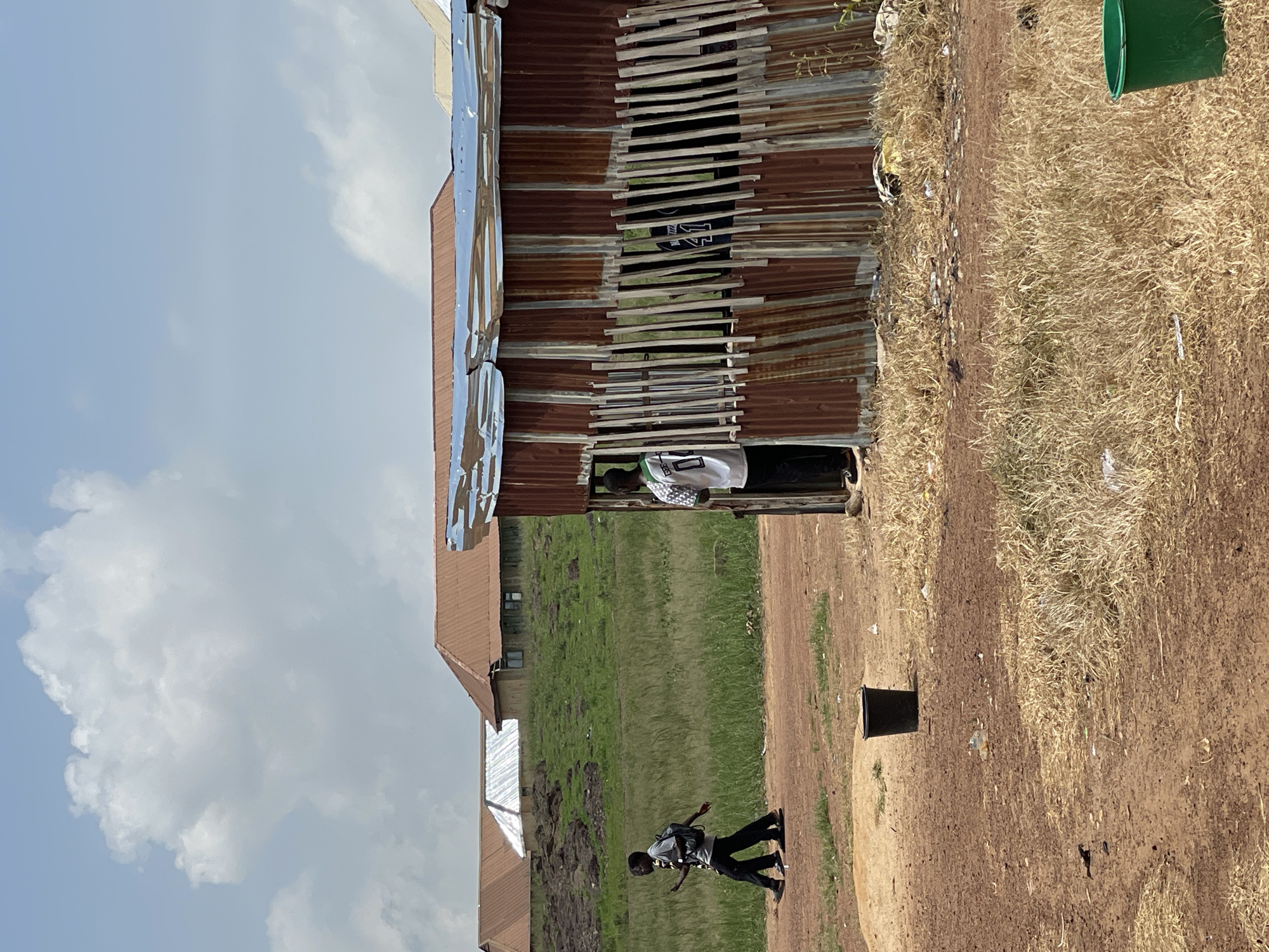 The image depicts an outdoor scene in what appears to be a rural or semi-rural setting in Durumi, Nigeria. The foreground is dominated by dry, yellowish grass and dusty brown earth, with some scattered debris. A black bucket or container is partially visible in the dirt.
In the middle ground, a corrugated metal structure with a weathered, rusty appearance stands prominently. The structure has wooden slats forming openings, allowing glimpses into the interior or behind it. Through these openings, glimpses of a green grassy area and some buildings with brown roofs can be seen. Two individuals are visible in or near this structure. One person, wearing a white shirt with black and green markings, is partially obscured. Another individual, seen from the side, is also wearing a white shirt with black writing and dark pants.
Further in the background, several other buildings with brown roofs and some with reflective metal roofs are present, suggesting a small settlement or village. A field of green grass extends behind the corrugated structure, leading towards these buildings.
In the lower part of the image, another person is walking away from the corrugated structure. This individual is wearing a dark shirt and dark pants and is carrying a backpack or bag over their shoulder.
The sky above is a light blue with scattered white clouds, indicating daytime, likely mid-morning or afternoon given the illumination. The overall impression is one of a casual, everyday scene in a community with rustic architecture. No discernible text is clearly legible in the image, although there might be some on the clothing of the individuals. The scene is well-lit, suggesting fair weather.