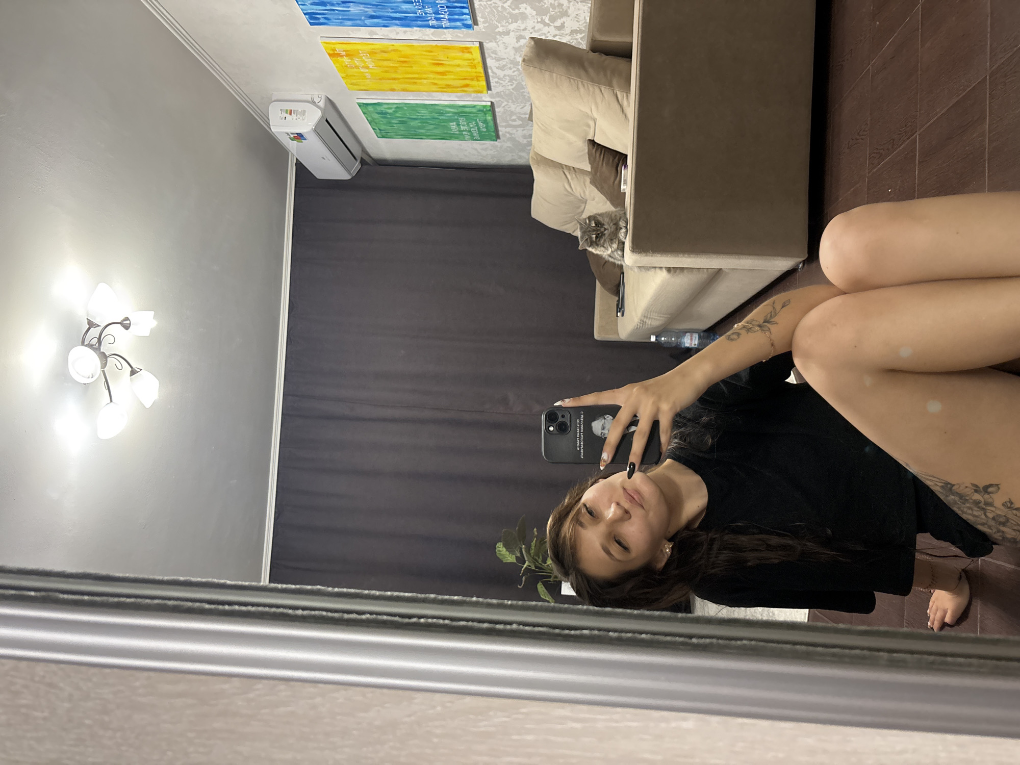 A woman is taking a mirror selfie in a room. She is sitting on the floor, wearing a black t-shirt and shorts. She has tattoos on her legs and arm. In the background, there is a sofa with a cat on it, paintings on the wall, an air conditioner, and a ceiling light. The room has dark curtains and wooden floors. The image is taken indoors, possibly in a residential apartment.