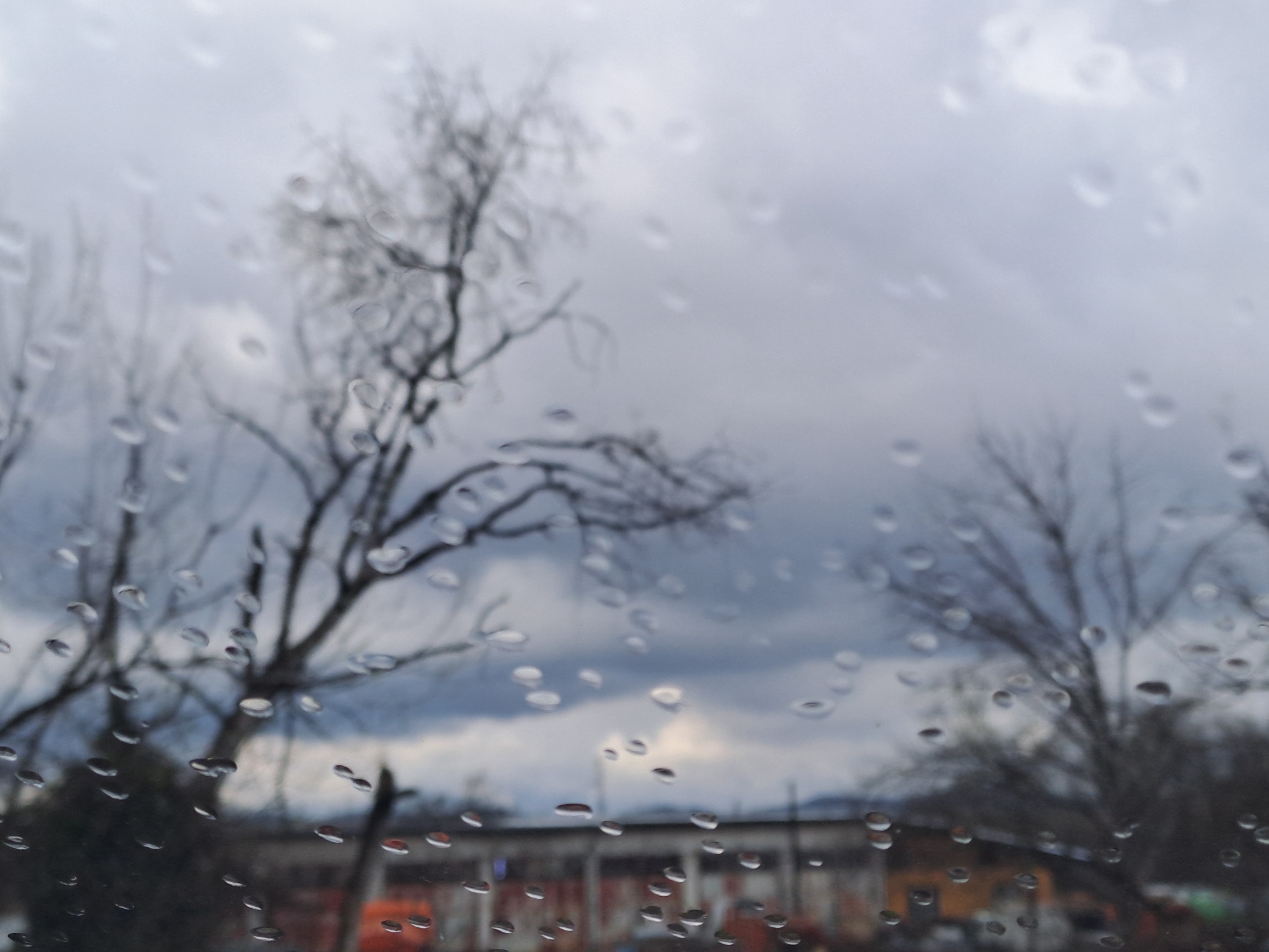 The image depicts a rainy day, viewed through a window covered in raindrops. In the background, out of focus, are bare trees against an overcast, cloudy sky. Below the trees, there's a blurred building with visible colors, possibly a residential or commercial structure. Based on the prompt, the location is Varshets, Bulgaria. There are no people visible in the image.