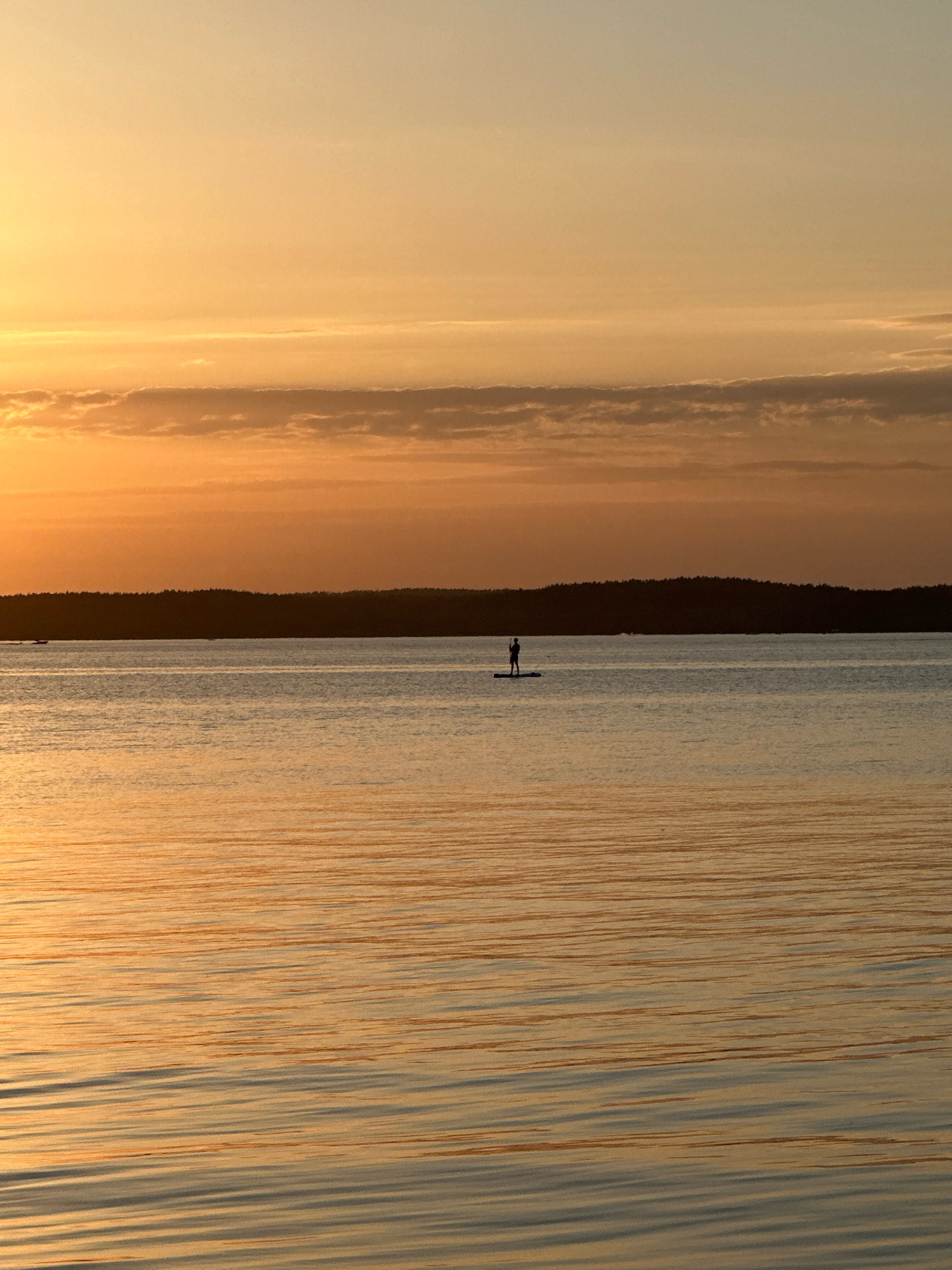 A serene sunset over a calm body of water is depicted. The sky is a gradient of warm oranges and yellows, with wispy clouds stretching across the horizon. In the distance, a dark, forested treeline forms a silhouette against the vibrant sky. The water's surface is smooth, reflecting the colors of the sunset and creating ripples that catch the light. Centered on the water, a solitary figure stands on a paddleboard, their silhouette dark against the bright reflections. The scene appears to be set on a lake or large river, possibly within the vicinity of Ждановіцкі сельскі Савет, Belarus, given the natural landscape.