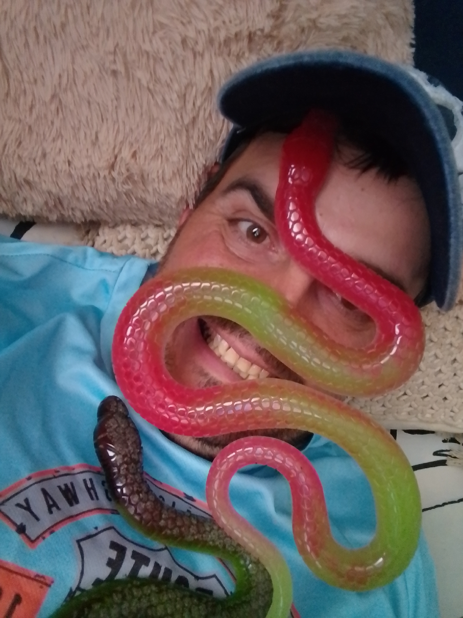 The image depicts a close-up, overhead view of a person lying down, with two gummy snake toys positioned around their head and chest. The person is wearing a blue t-shirt with a graphic design on the front and a blue baseball cap. One gummy snake is primarily red and extends from the person's forehead, across their eye, and down to their chin. The second gummy snake is darker, appearing brown and green, and is positioned below the first one, extending from the person's shoulder area. The background consists of a textured, light-colored fuzzy surface, likely a blanket or pillow, and a hint of a white patterned surface. There is no identifiable information within the image to suggest its location in Wedel, Germany.
