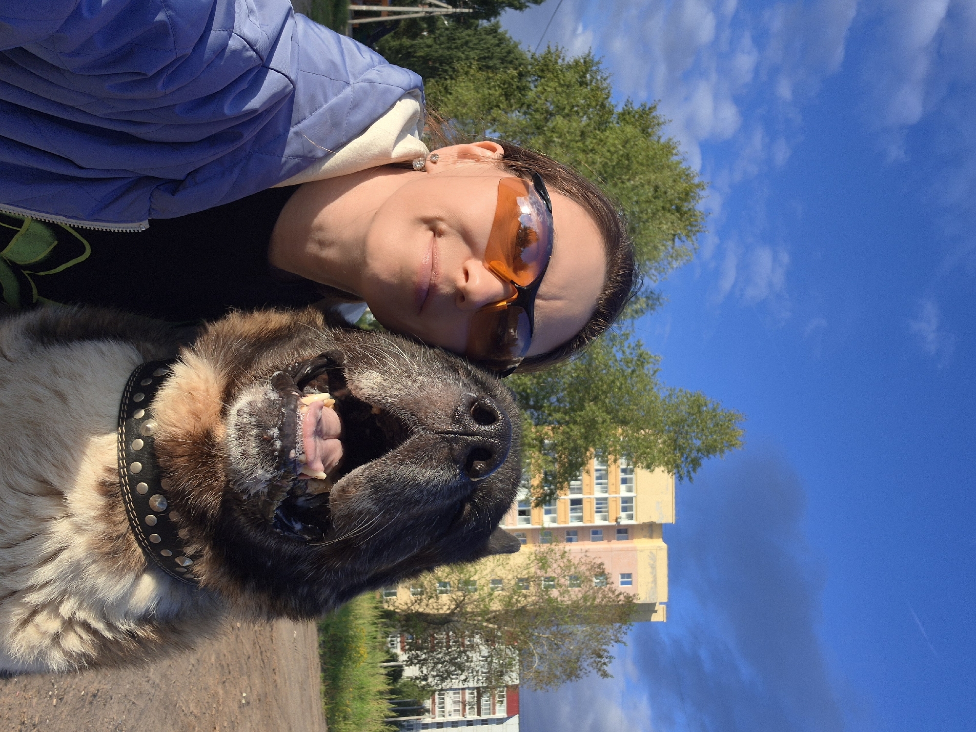 In Chaikovsky, Russia, a young woman with sunglasses and a blue jacket poses for a selfie with a large dog outdoors. The woman's face is visible from the nose up, and she is smiling. The dog, positioned close to the camera, has its mouth open, revealing its tongue and teeth. Behind them, a multi-story apartment building stands under a bright blue sky with scattered clouds. Trees and a grassy area are also visible in the background, suggesting a residential or park-like setting. The ground appears to be dirt or gravel.