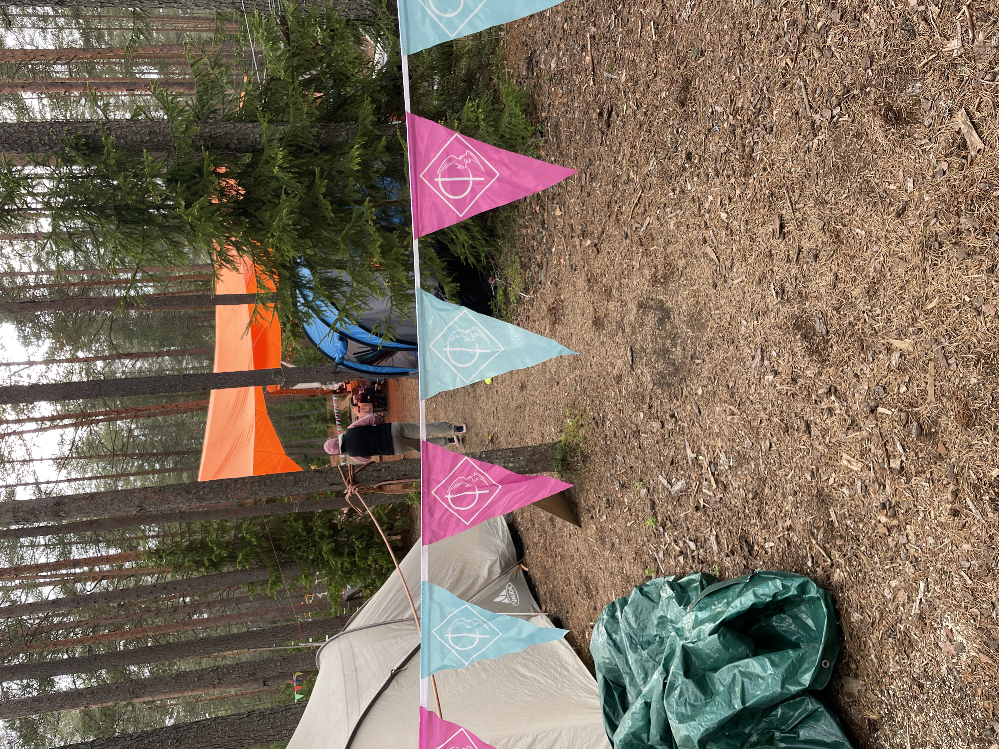 The scene is a campsite in a wooded area. A string of light blue and pink triangular flags with a bird design hangs across the foreground, partly obscuring a beige tent. Behind the tent, a man in a black vest and light pants stands near a small fire or cooking area. An orange tarp is strung between trees, and a blue tent is also visible in the background. A crumpled green tarp lies on the ground in the lower right corner. The ground is covered in brown pine needles and wood debris. The location is Unknown, Russia.