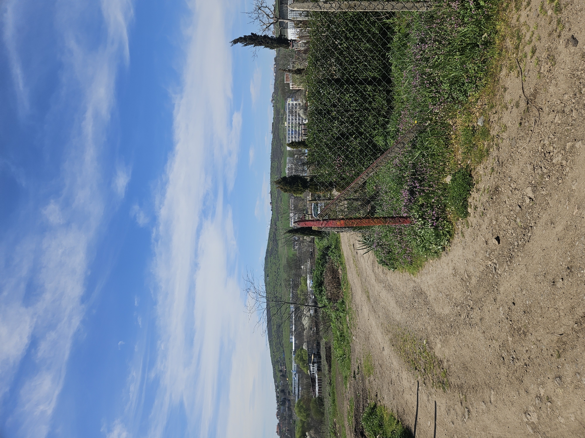 This is an outdoor scene in Burgas, Bulgaria. The view looks toward the west over gently rolling terrain. A dirt road runs diagonally from the lower right to the upper left of the image, curving slightly. A chain-link fence, topped with a rusty metal bar, runs along the left side of the road. Green vegetation with purple flowers grows along the fence line. Beyond the fence are trees, shrubs, and buildings. A line of apartment buildings and hotels is visible on the horizon. The sky is blue with streaky white clouds.