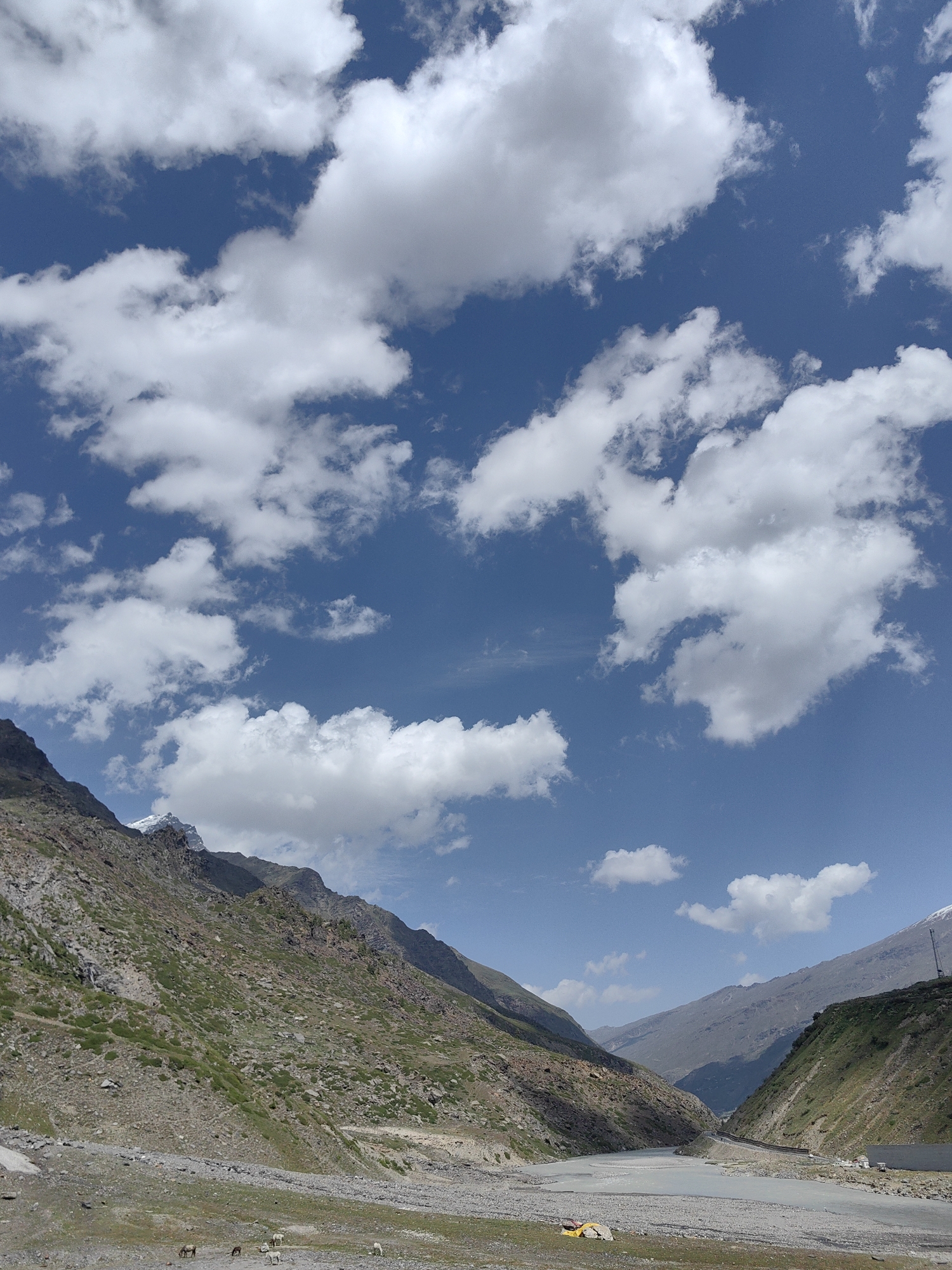 This image depicts a wide, natural landscape in a mountainous region, likely within India. The sky is a vibrant blue, dotted with numerous fluffy white clouds, suggesting fair weather. The terrain is characterized by steep, rocky slopes covered in patches of green vegetation, indicating a high-altitude environment.
In the foreground, a wide, shallow river or stream flows through a rocky riverbed. The water appears calm and has a grayish-blue hue. Along the riverbanks, there are scattered rocks and gravel. A small, yellow tent is visible on the right side of the riverbed, suggesting a temporary campsite or rest stop. Several animals, possibly horses or donkeys, are grazing in the distance on the left side of the frame.
The background features more rugged mountains, with some snow-capped peaks visible towards the upper left portion of the image. The overall scene conveys a sense of natural beauty and a remote, undeveloped location. No specific city is identifiable, but the presence of mountains, vegetation, and the river strongly suggests a rural or wilderness setting in India.