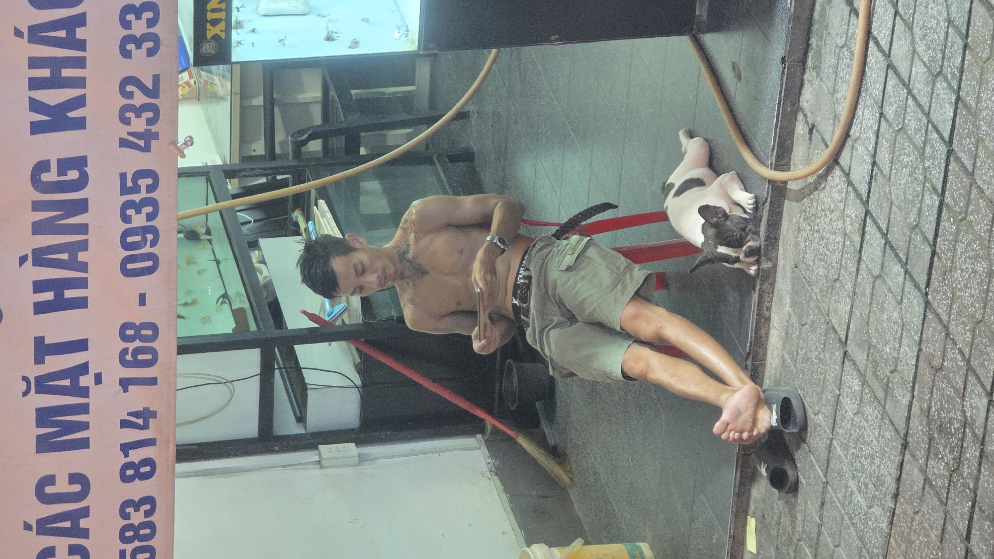 A shirtless man with tattoos sits on a red chair outside a building in Nha Trang Ward, Vietnam, looking at his phone. A white and black dog lies next to him on the tiled floor. A hose snakes around the chair and dog. The man's sandals sit near his bare feet. A sign with Vietnamese writing and numbers is visible on the left. A fish tank is visible in the background.