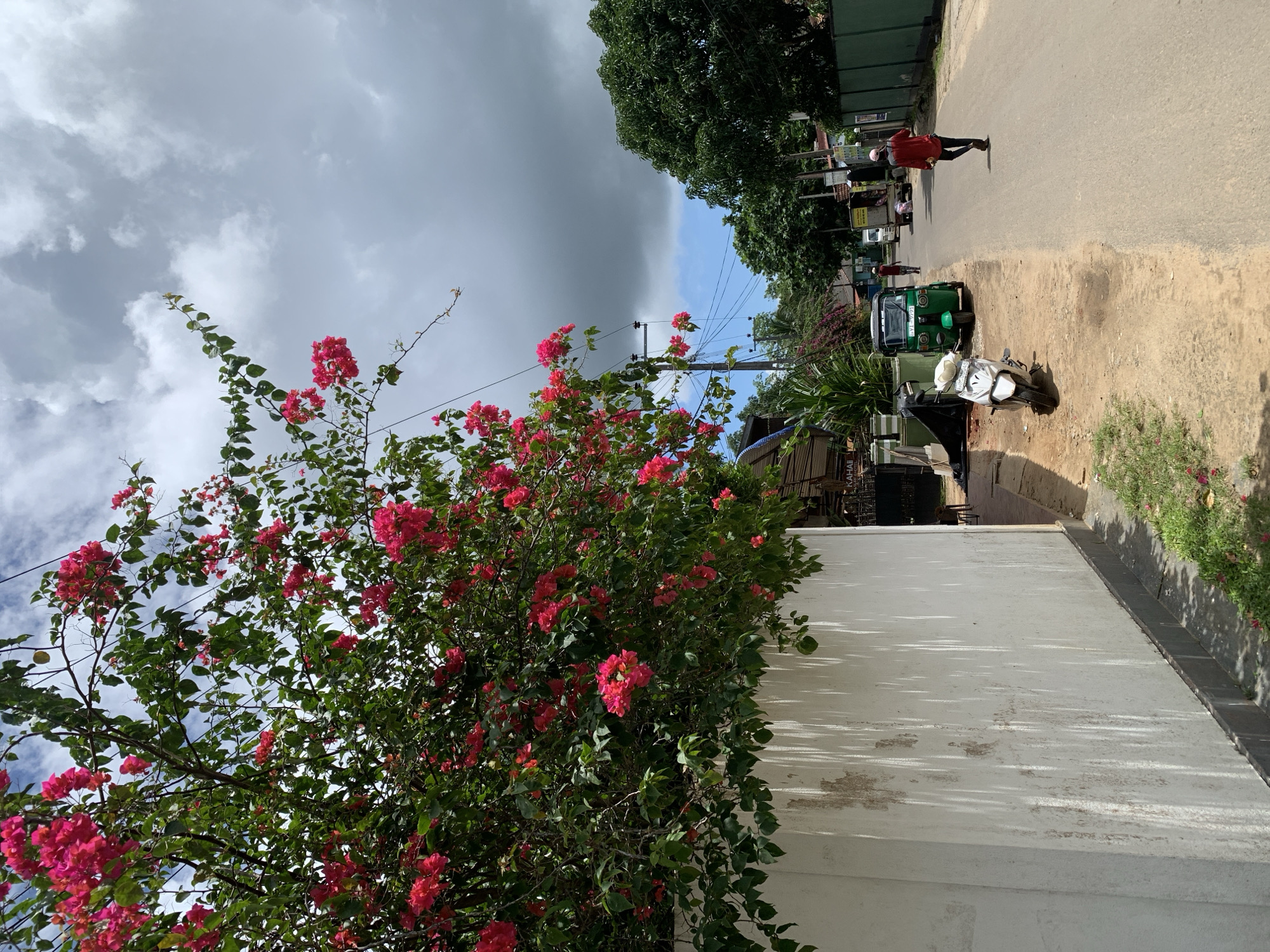 A street scene in Kabalana, Sri Lanka shows a white wall on the left, adorned with vibrant pink bougainvillea flowers cascading from above. The wall has visible patches of wear and tear, with long shadows cast upon it. To the right of the wall, a sandy path runs alongside the road. On this path, a white scooter is parked. Further down the road, a green tuk-tuk is stationary, and a white truck is visible. A person in a red shirt is walking away from the camera on the right side of the paved road. Behind the road, lush green trees line the background, with a cloudy sky overhead.