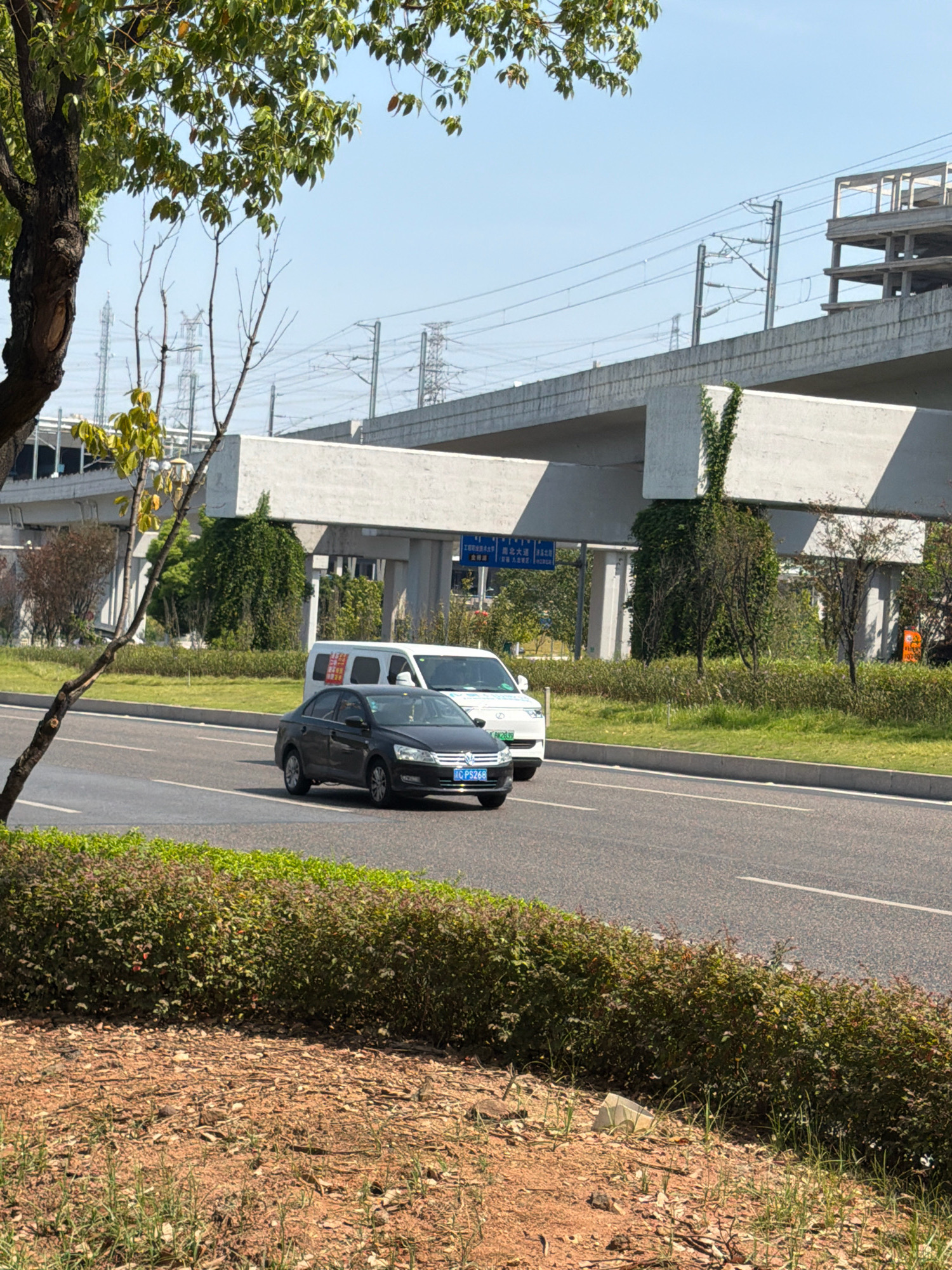 The image shows a street scene in Jiangjin District, Chongqing, China, on a clear day. In the foreground, a brown, dirt and gravel area with sparse green grass borders a dense, dark green hedge. Beyond the hedge is an asphalt road with white lane markings. Two vehicles are driving on the road: a dark gray sedan in the left lane and a white van in the right lane. The sedan has a license plate that reads "C P5268". The white van has a license plate that is partially obscured but visible as "0R2839".
In the background, a raised concrete structure, likely an overpass or elevated highway, spans across the scene. Power lines and support poles are visible along the top of this structure, with more electrical towers in the distance. Vegetation, including trees and bushes, can be seen around the base of the overpass and on the median. Some of these plants are covered in dense green vines. The sky is clear and blue.