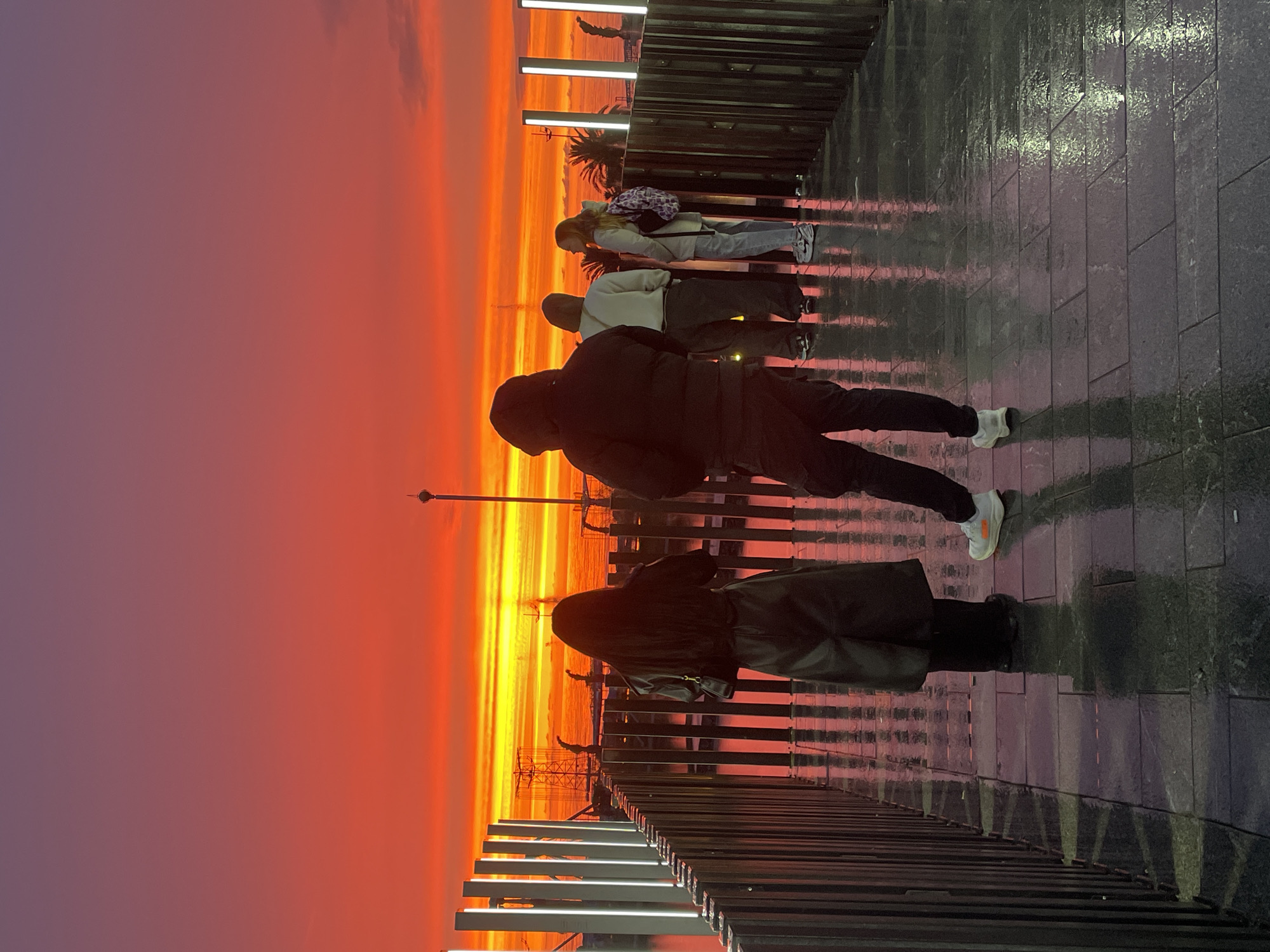 The image depicts an outdoor scene at sunset on a wet, tiled promenade in Batumi, Georgia, likely along the Black Sea coast near the Boulevard. The sky presents a vibrant gradient of deep orange and red, transitioning to purple at the upper edge.
Five individuals are visible on the promenade. In the foreground, a female with long dark hair, wearing a dark long coat and carrying a dark shoulder bag, stands with her back to the camera, facing the horizon. To her right, a male in a dark hooded puffer jacket, dark cargo pants, and white sneakers with orange accents also stands facing away from the camera.
To their right, further down the promenade, a male in a light-colored hooded sweatshirt and dark pants stands facing a female. The female wears a light-colored top, light jeans, white sneakers, and carries a light-colored patterned backpack. They appear to be in conversation or observing the view together. A fifth individual is partially obscured on the far right.
The promenade floor consists of dark grey rectangular paving tiles, visibly wet and reflecting the intense sky colors and the integrated vertical white light fixtures along the dark slatted railing system that lines the walkway. Beyond the railing, a body of water reflects the sky. In the mid-ground, a large Ferris wheel structure is visible on the left, silhouetted against the bright horizon. Other distant structures, possibly industrial or related to the port, are also discernible. Several palm trees are visible on the right side of the frame beyond the promenade railing. A slender dark pole with a spherical top stands centrally in the background.