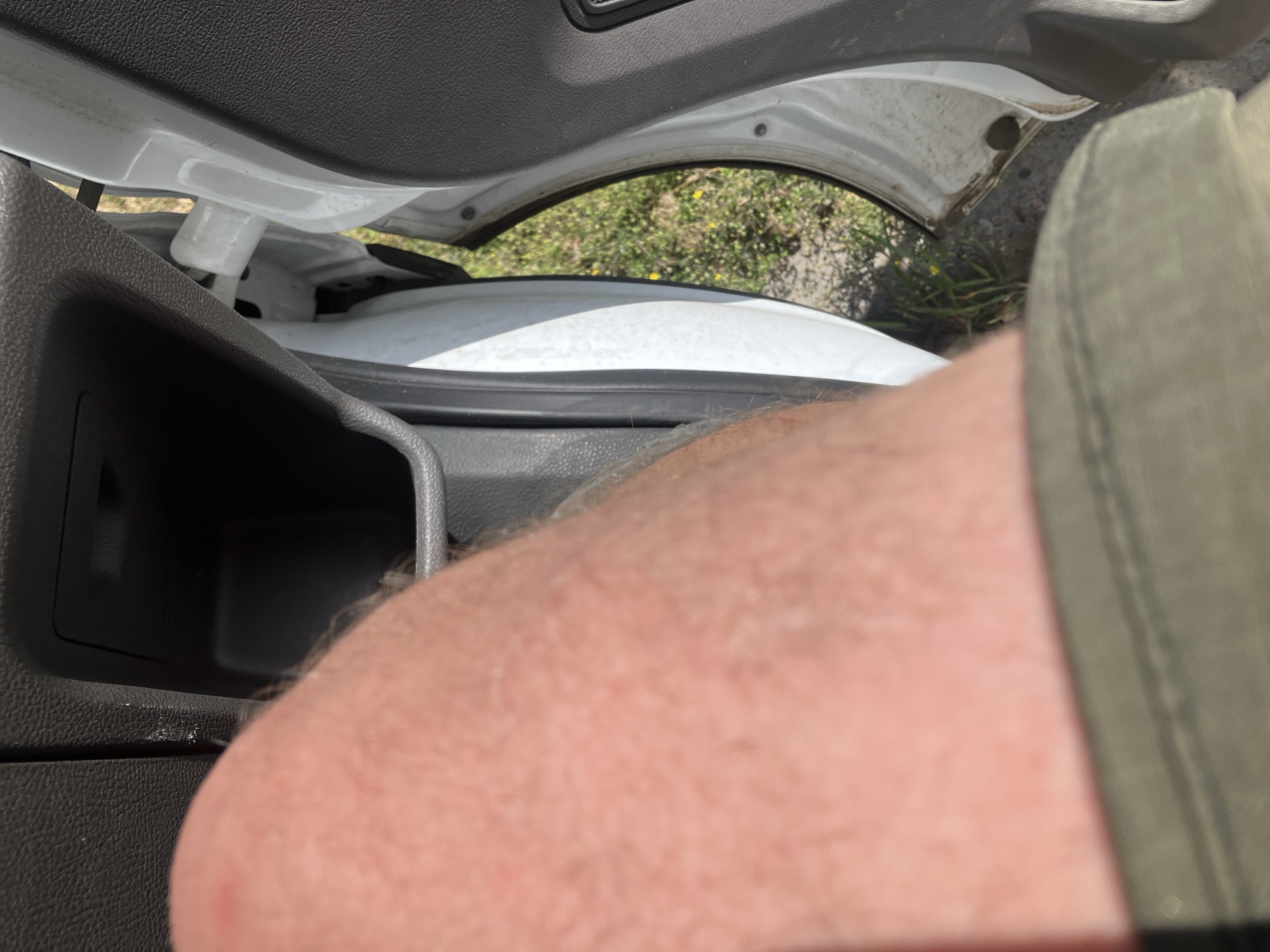 The image shows a close-up view of a person's leg inside a vehicle. The leg, covered in light hair and reddish skin, is positioned next to the interior of a car door. The door is open, revealing a glimpse of the outside environment, which appears to be a grassy area with some small yellow flowers. The car's interior consists of dark grey plastic panels and a white door frame. The perspective suggests the person is sitting in the driver's or passenger's seat. The image does not contain any specific geographical markers to indicate its location within Kyiv, Ukraine.