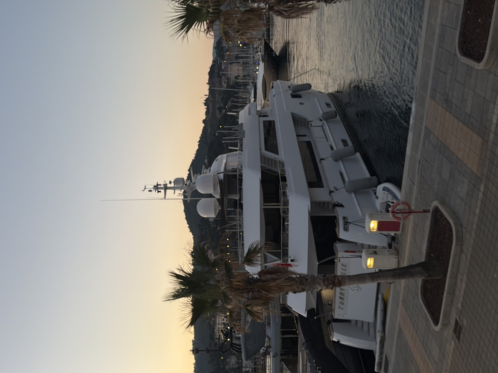 This media file captures a yacht docked in a harbor. The yacht is a large, white vessel with multiple levels, characterized by its sleek design and numerous windows. In the foreground, a palm tree with dried fronds stands in a planter. Behind the yacht, the water of the harbor is calm, reflecting the sky and the lights from a distant town nestled on a hillside. The town's architecture is visible, with many buildings clustered together, suggesting a Mediterranean coastal settlement.
The image appears to have been taken during the golden hour, with a soft, warm light illuminating the sky, transitioning from a pale blue at the top to a soft orange near the horizon. This suggests either sunrise or sunset. The weather seems clear and calm, with no indication of wind or rain.
The scene is set in Imperia, Italy, as indicated by the location context. The overall mood is serene and peaceful, evoking a sense of quiet luxury and the beauty of a coastal evening. There is some visible text on the side of the yacht, appearing to be the name "TORRILLE" with a stylized "T" above it. Additionally, there are life preservers and other dockside amenities visible near the yacht. The image is oriented vertically.