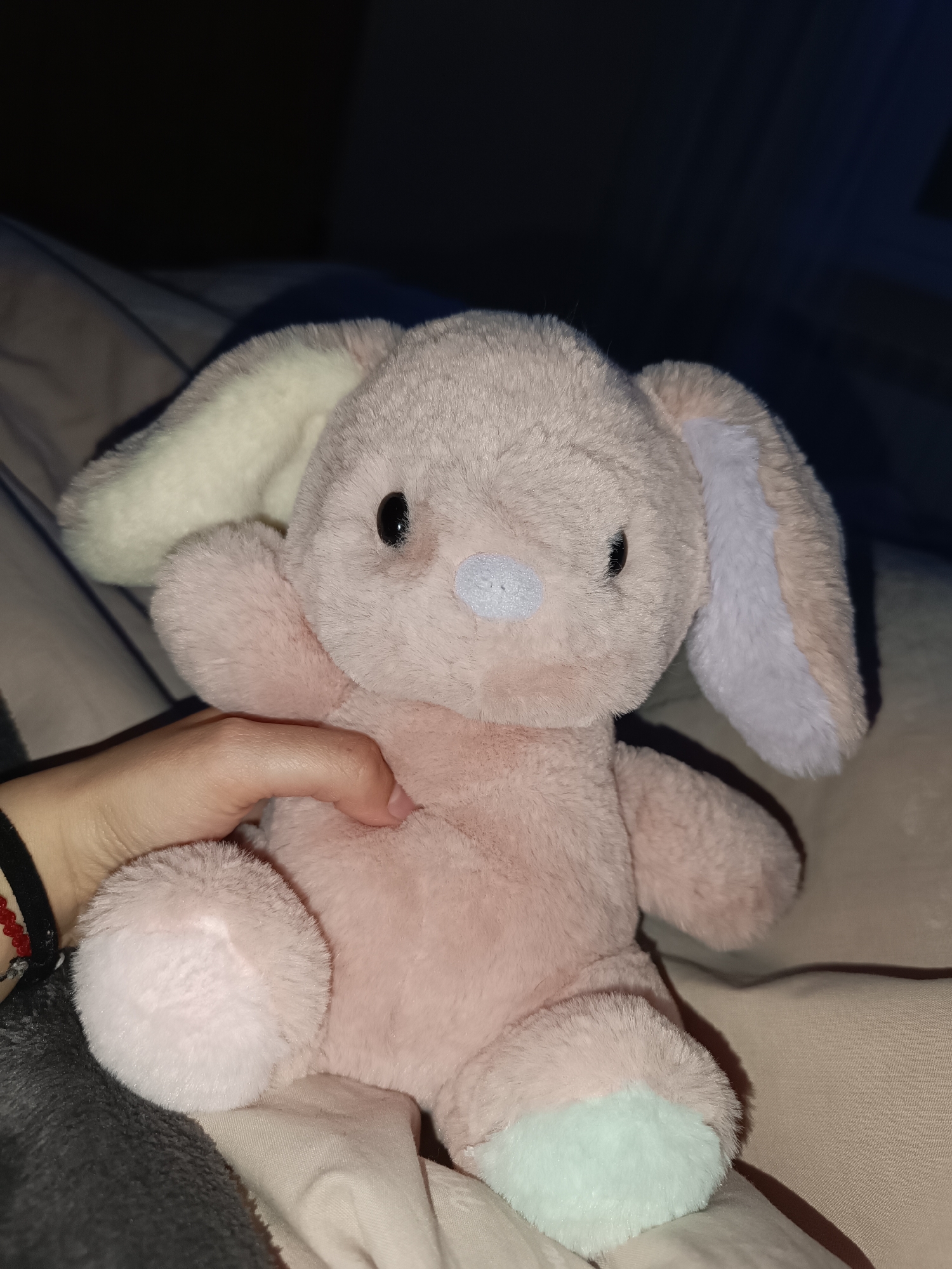 A close-up shot depicts a pink plush bunny toy with mismatched ears (one white, one lavender) being held by a hand. The bunny has a light blue nose, black eyes, and mint green feet. The hand holding the toy has a red and black bracelet on the wrist. The background is dark and out of focus, showing what appears to be bedding. There is no evidence to suggest that the photograph was taken in Cherkovitsa, Bulgaria.