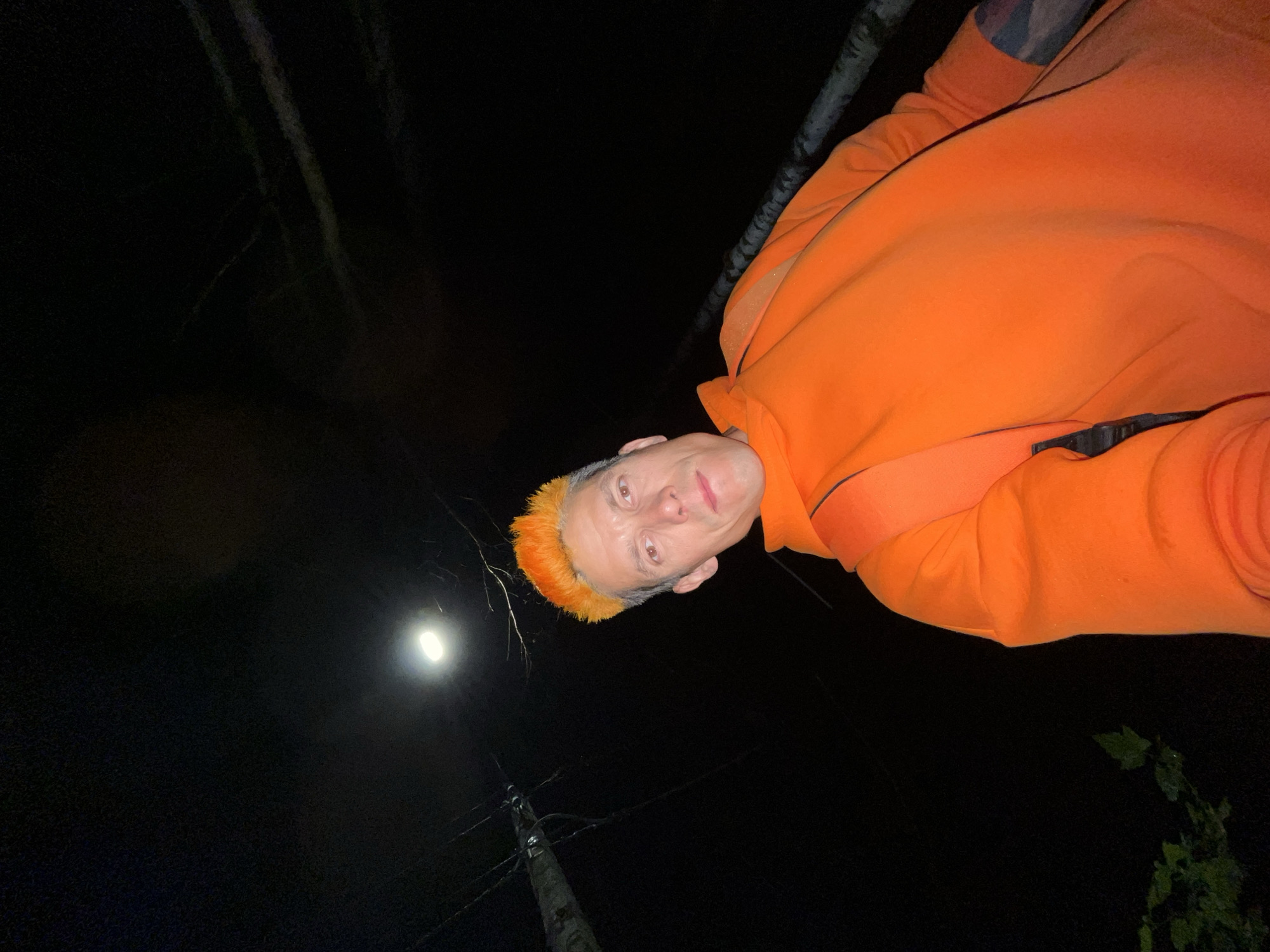 A low-angle selfie taken at night in Chaikovsky, Russia, features an adult male. The subject, positioned centrally, has short, brightly dyed orange hair, fair skin, and light-colored eyes, and is looking directly at the camera with a neutral expression. He is wearing an orange long-sleeved hooded sweatshirt. A dark strap, consistent with a backpack, is visible over his right shoulder (viewer's left). A tattoo is present on his left forearm (viewer's right). The background is predominantly dark. A bright, circular artificial light source, appearing to be a streetlamp or floodlight, is prominently located in the upper-center of the frame. To the left of the subject, a utility pole with associated dark wires and bare tree branches extends upwards. A narrow, bare tree trunk or similar structure is partially visible to the right. Minimal dark green foliage is discernable in the lower-left quadrant.