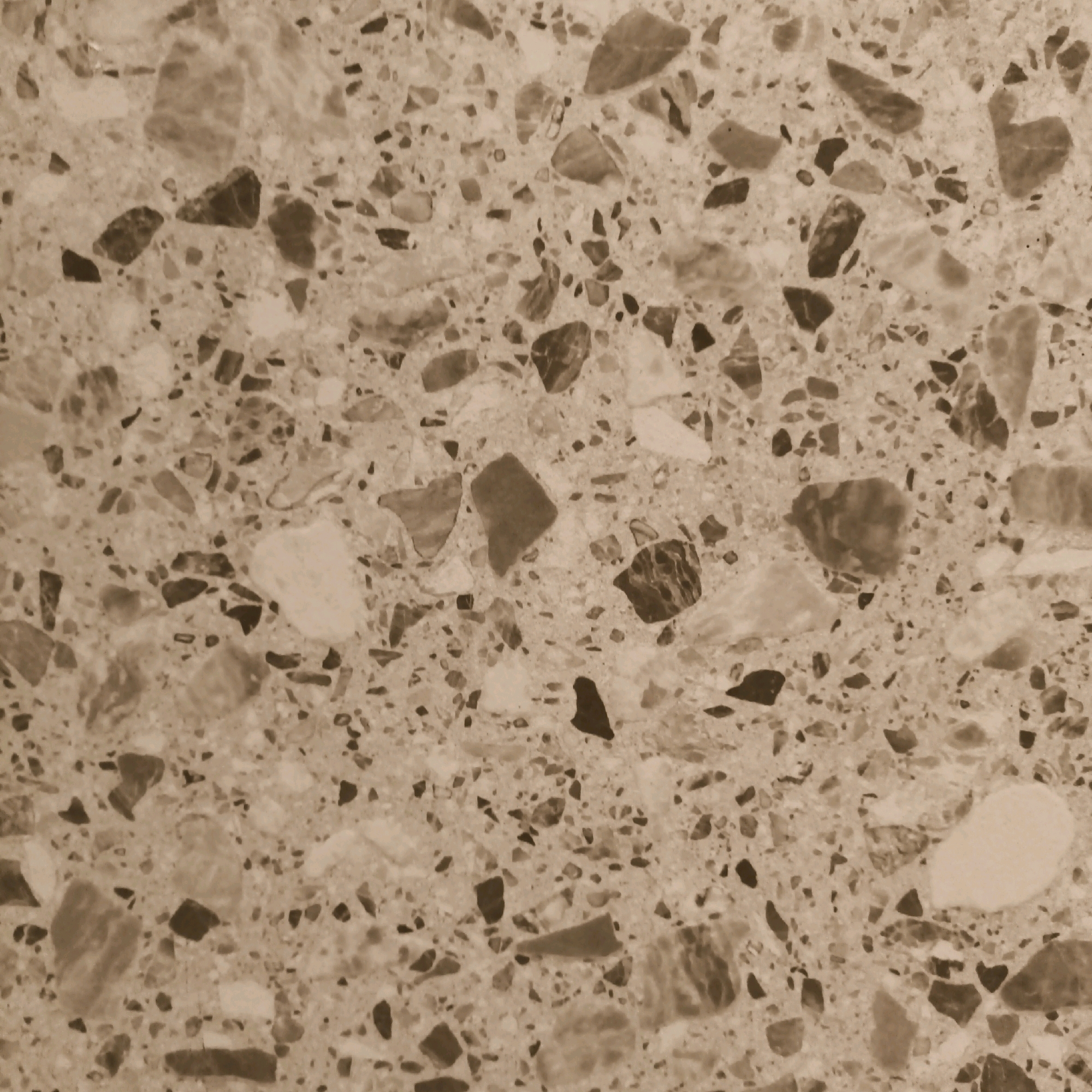The image is a close-up, top-down view of a terrazzo surface. The surface is composed of a light beige, granular matrix interspersed with numerous irregularly shaped fragments of stone. These fragments vary in size, color, and texture, ranging from small dark flecks to larger pieces of marble and granite in shades of brown, gray, and white. The overall pattern is speckled and uneven, characteristic of polished composite stone. The lighting appears even, with no distinct shadows, suggesting an indoor or well-lit environment. The image does not depict any people, actions, or specific locations within South Jakarta, Indonesia. It is purely a texture or material sample.
