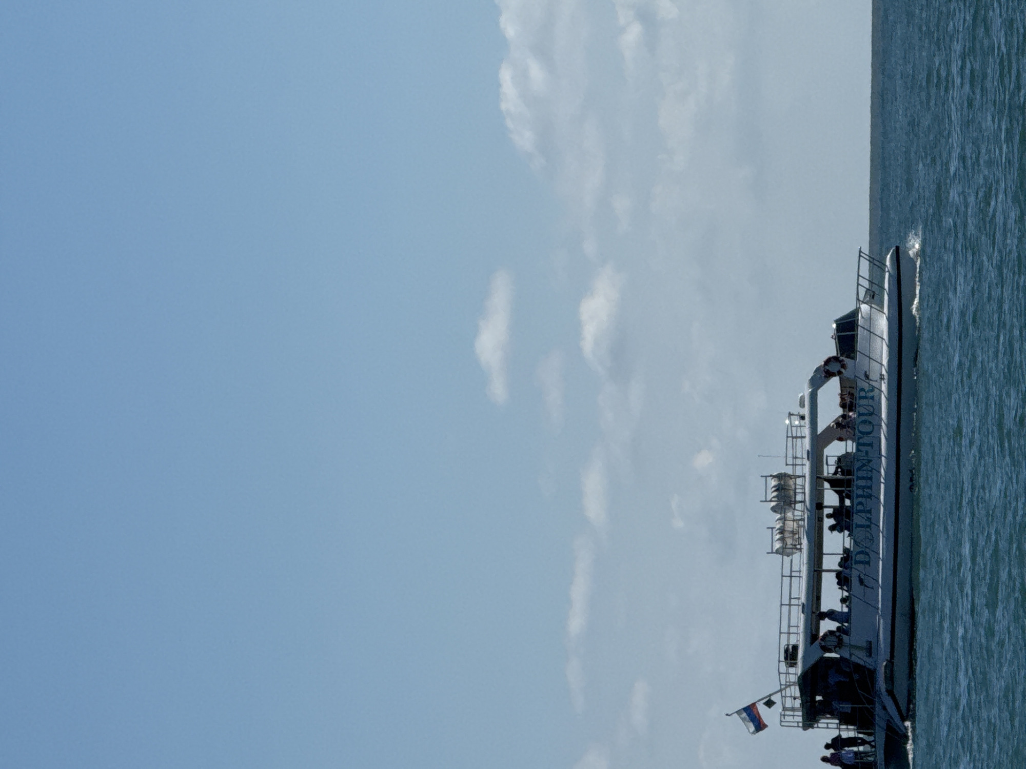A white passenger boat, identified by the text "DOLPHIN TOUR" on its side, navigates through turquoise water under a clear blue sky with scattered white clouds. The boat has multiple decks, a railing along the top deck, and several individuals are visible on the decks. A Russian flag flies from a mast on the top deck, near the front of the boat. The boat is moving from left to right, with a wake visible behind it. The scene suggests a tour or excursion on the Black Sea, likely near the city of Sochi, Russia, given the presence of the Russian flag. The water is calm with gentle waves.