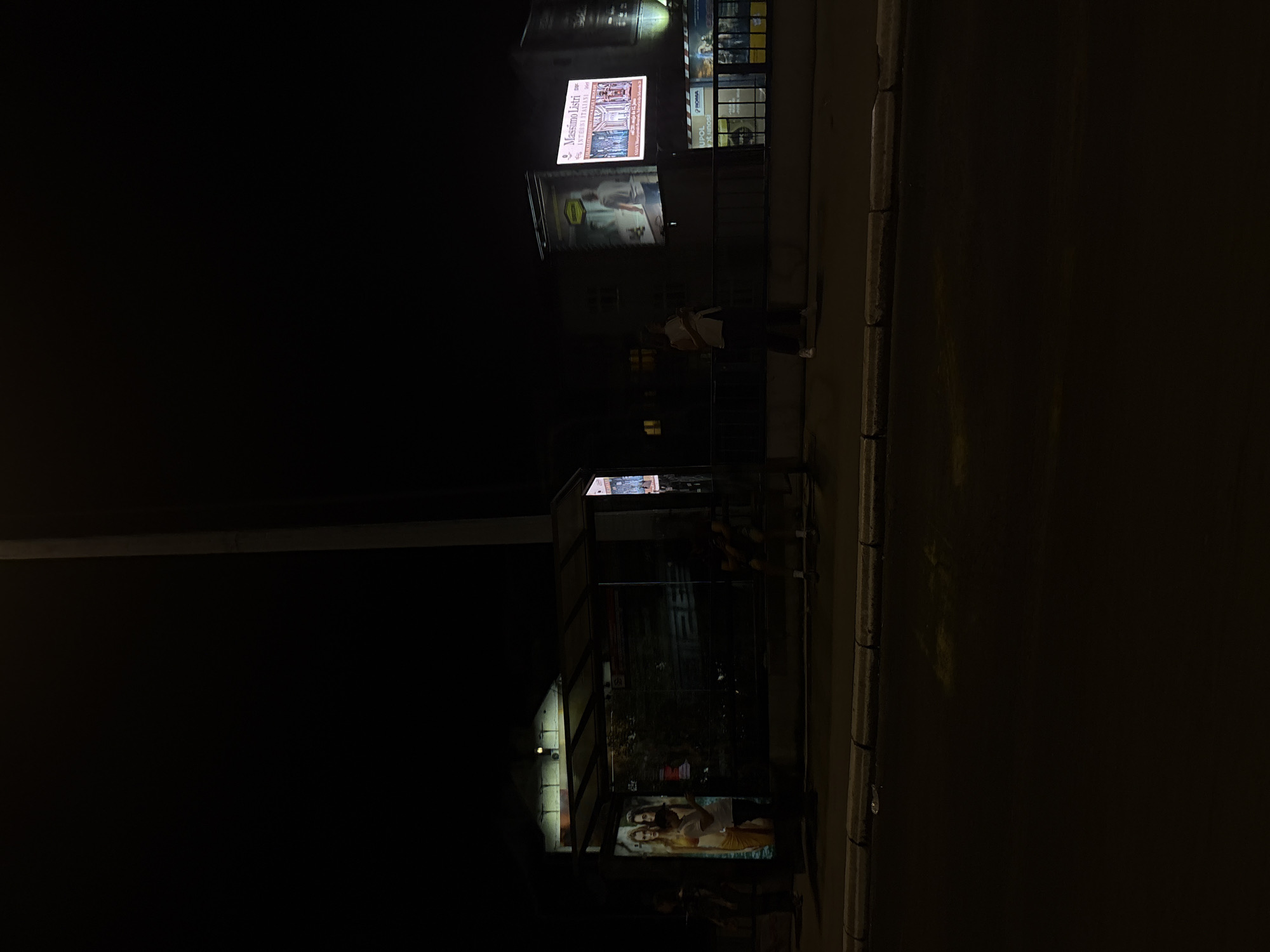 At night in Belgrade, Serbia, a bus stop illuminated by advertisements is located on a sidewalk adjacent to a road. A person stands near the bus stop. Additional advertisements are visible on nearby buildings.