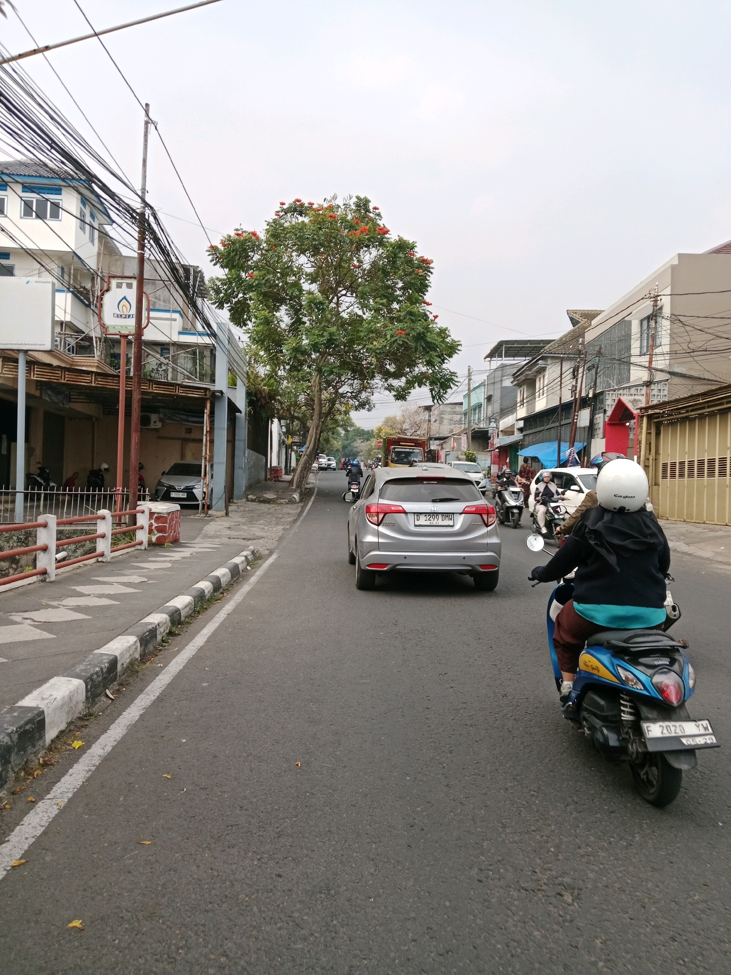 In the city of Cianjur, Indonesia, a street scene unfolds under an overcast sky. A silver Honda HR-V, license plate B 1499 DMH, is captured in motion on the asphalt road. In the foreground, a person wearing a white helmet and a dark jacket rides a blue Yamaha scooter, their legs clad in brown and turquoise attire. The scooter's license plate reads F 2020 YW. The road is bordered by a sidewalk with a distinct black and white striped curb.
To the left of the road, a building with white and blue accents stands, its facade partially obscured by a tree with vibrant orange flowers. A red and white striped fence runs along the sidewalk. Across the street, a row of buildings with various architectural styles line the road, some with sloped roofs and others with flat roofs. Electrical wires are strung overhead, crisscrossing the sky.
Further down the road, other vehicles, including motorcycles and a truck, are visible, suggesting moderate traffic. The environment appears to be a typical urban street with commercial establishments and residential buildings. The overall atmosphere is mundane, depicting everyday life in a Southeast Asian city.