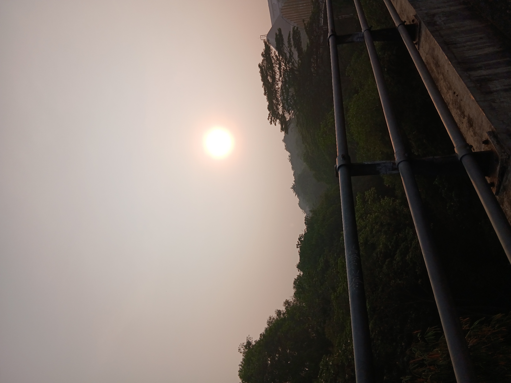 The image depicts a hazy sunrise over a densely forested area, likely in South Tangerang, Indonesia, given the context. A dark metal railing, possibly from a bridge or elevated walkway, runs diagonally across the foreground, separating the viewer from the scenery beyond. The sun, a bright, diffused orb, is visible in the upper right quadrant of the sky, casting a soft, warm light through the atmospheric haze. Silhouetted trees form a lush, undulating canopy below the sun, with a hint of a building structure visible on the far right, suggesting an urban or semi-urban fringe environment. The overall impression is one of a quiet, serene morning.