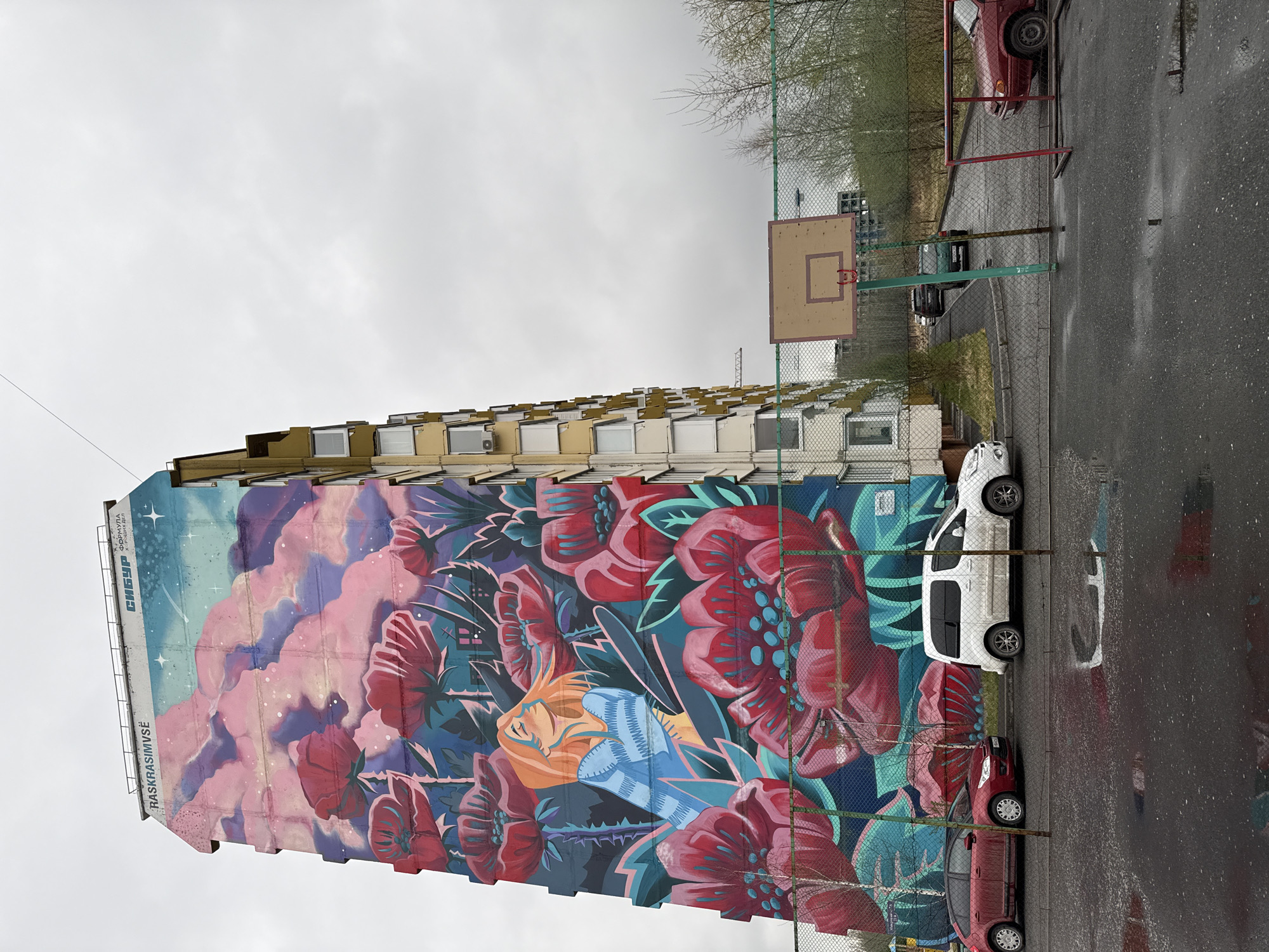 A tall, narrow building in Tobolsk, Russia features a mural depicting a dreamy, floral scene with a human figure, covering the entire side of the building. The sky is overcast. A basketball court is visible adjacent to the building, with a net fence separating it. There are two cars parked in the street, a red car and a white van. The mural appears to have flowers and a sky backdrop.