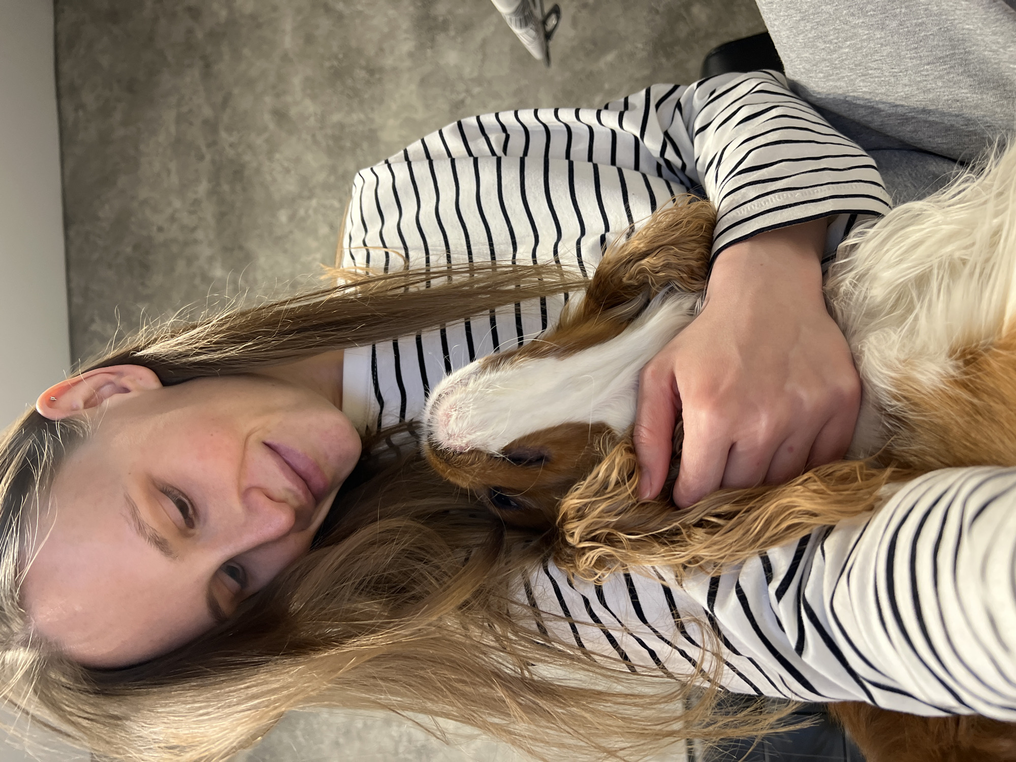 The media file captures an intimate indoor moment in Khimki, Russia, featuring a person and a dog. The primary subjects are a woman with long, light brown hair, wearing a white and black striped long-sleeved shirt and grey sweatpants, and a small to medium-sized dog, possibly a Cavalier King Charles Spaniel, with brown and white wavy fur.
The activity taking place is a tender cuddle or rest between the two. The woman is lying down, with her head resting on her hair, looking towards the dog with a gentle, content expression. Her left arm is wrapped around the dog, which is nestled closely against her chest and shoulder, with its head tucked in. Her right hand is also gently holding the dog.
Notable details include the woman's subtle smile and a small metallic ear piercing on her left ear. The dog's fur appears soft and well-groomed. The setting suggests a casual, comfortable home environment. The background features a grey, textured wall, possibly concrete or a similarly finished surface. The time of day is indeterminate but appears to be well-lit indoors. There are no visible weather cues or specific location identifiers within the image itself beyond the general indoor setting. No text is visible in the image. The overall mood conveyed is one of affection, peace, and companionship.