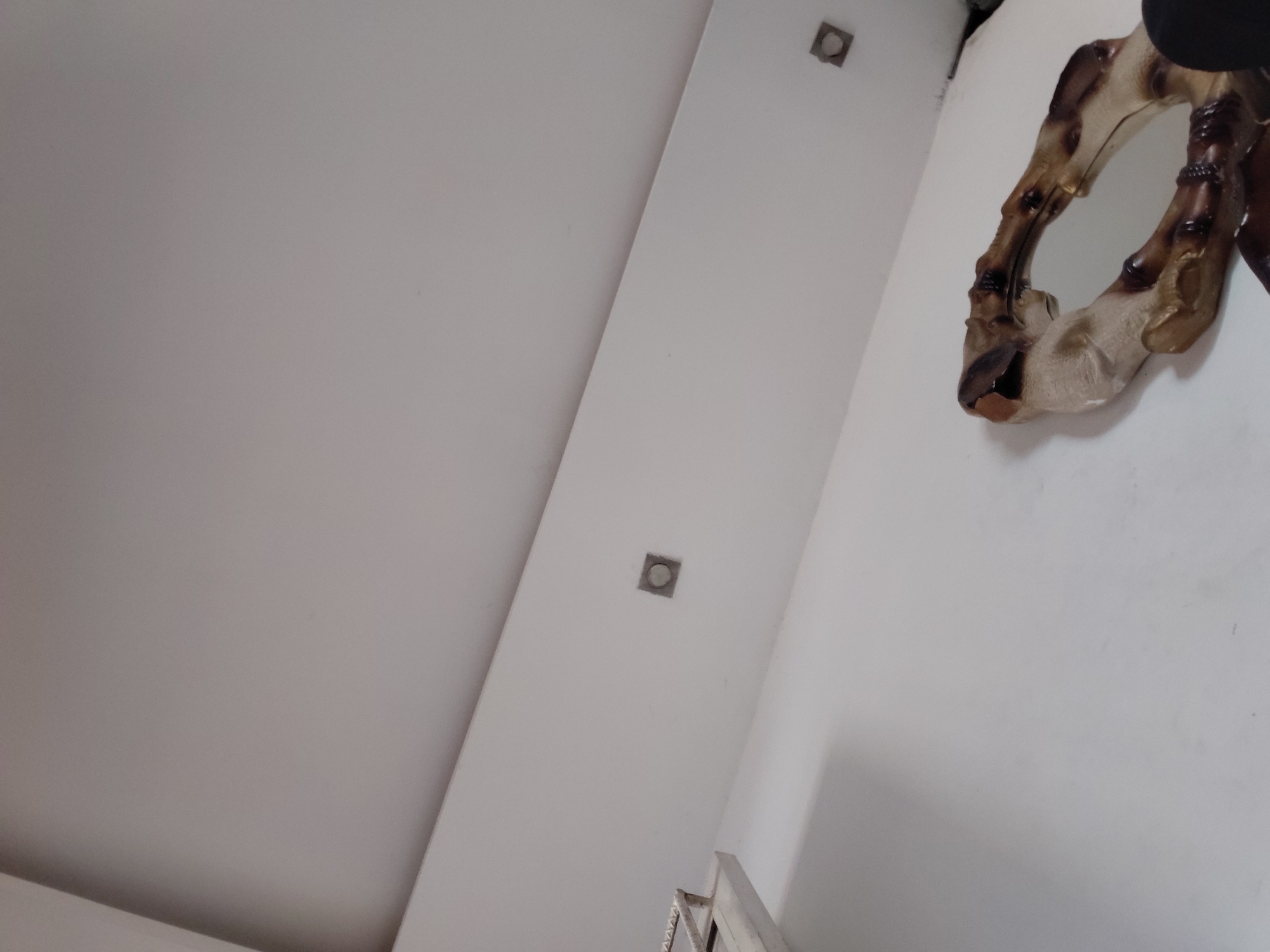 The image captures an indoor scene, primarily focusing on a white or light-colored ceiling and wall from an upward, angled perspective. A prominent diagonal line divides the white surface, suggesting an architectural feature like a beam or a corner. Two square recessed light fixtures are visible along this line; one is positioned near the top right corner, and another is further down.
On the far right side of the frame, a distinct decorative object is partially visible. It appears to be a mirror or frame with an intricate, sculpted design that resembles aged bone or horn, displaying a mix of brown, beige, and dark tones. The object has an organic, somewhat gnarled shape. At the very bottom right corner, a small portion of a light-colored metal structure, possibly part of a railing or furniture, can be glimpsed.
No people are present, and no specific activity is taking place. The setting appears clean and features modern interior elements. There is no visible text in the image. The location is Santa Ana, Venezuela.