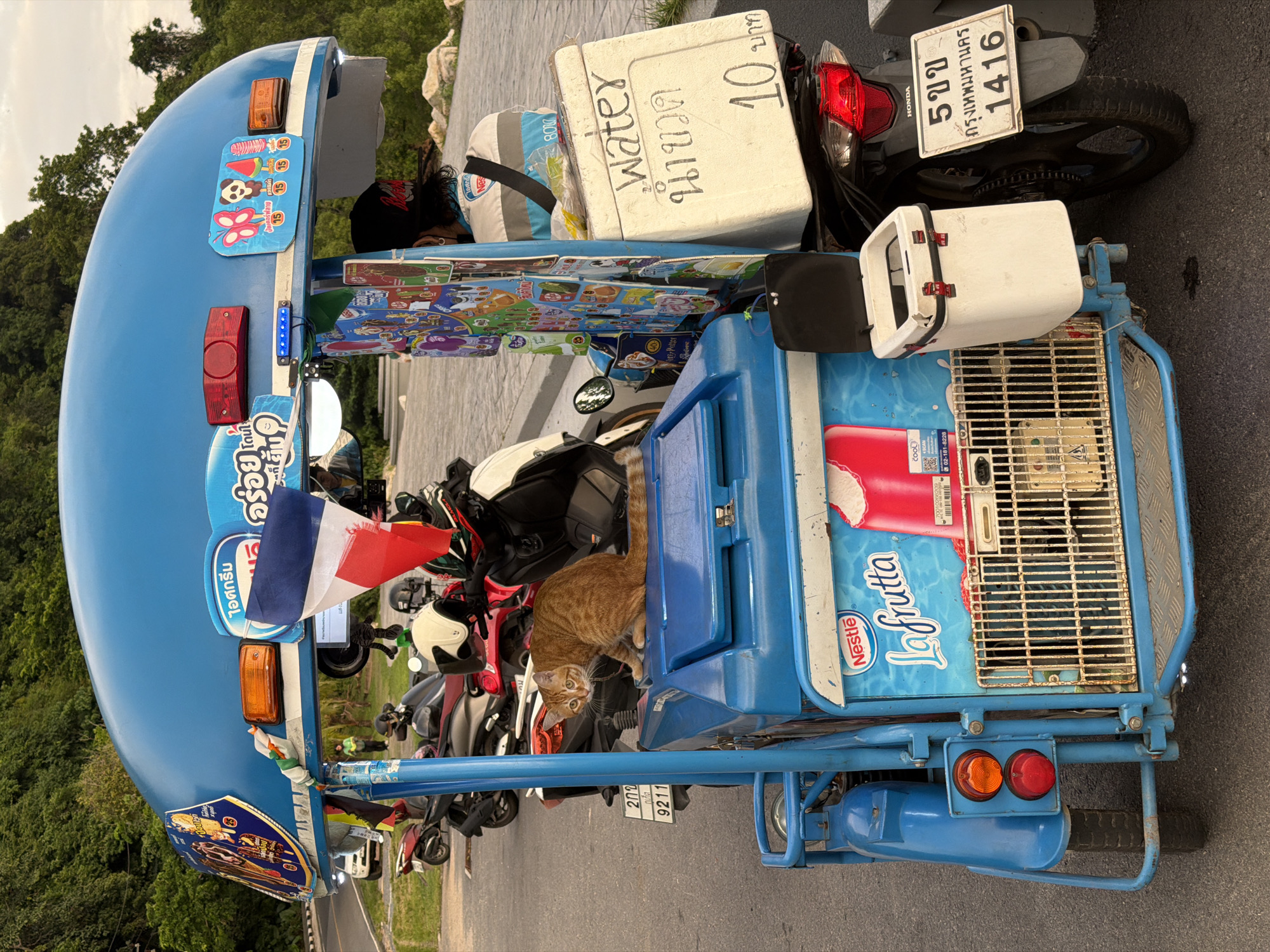 In Wichit, Thailand, an orange tabby cat sits atop a blue ice cream cart. The cart, adorned with colorful advertisements for ice cream and a Thai flag, is parked near several motorcycles and a white car on a paved road. Behind the cart, a person wearing a blue and white uniform with a black baseball cap is seated. A white cooler with "water" written on it, and a price of "10" in Thai currency, is attached to the back of the cart. The background features a lush green hillside covered in trees, with a glimpse of a rocky embankment. The overall scene captures a moment of everyday life in a tropical setting, with the ice cream cart serving as a focal point.