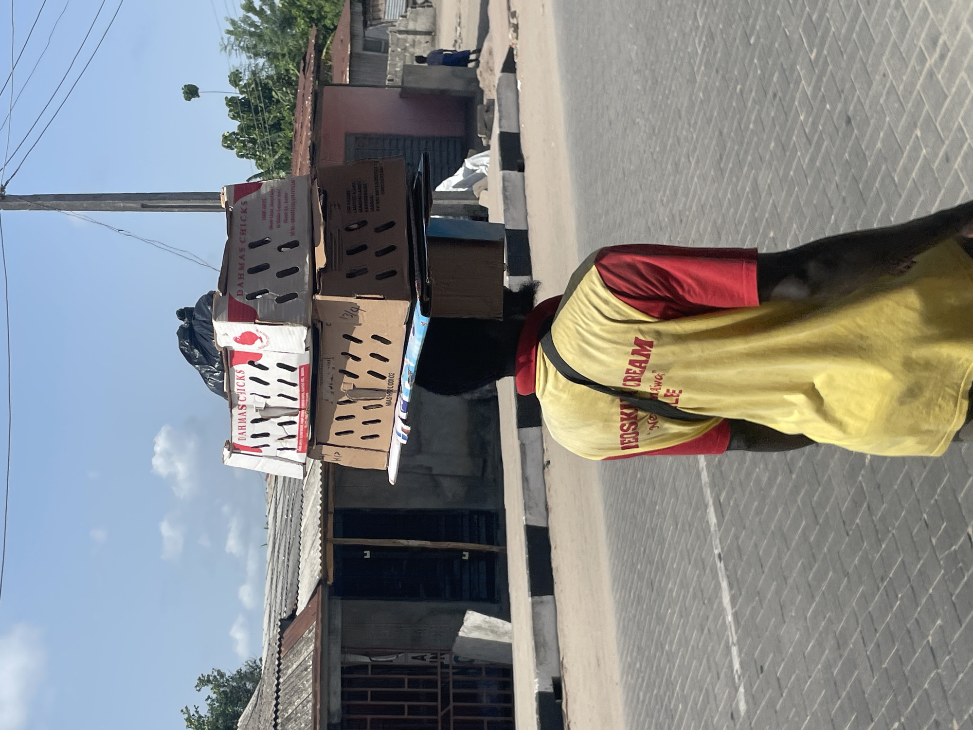A man stands on a patterned, gray sidewalk in Badagry, Nigeria. He is carrying a stack of cardboard boxes on his head, with one box branded "DAHMAS CHICKS." He wears a red shirt under a yellow shirt labeled "JEOSK CREAM." A street stretches behind him with buildings on the left and a striped curb on the right. In the distance, a person walks on the street. Power lines stretch across a pale blue sky above the structures.