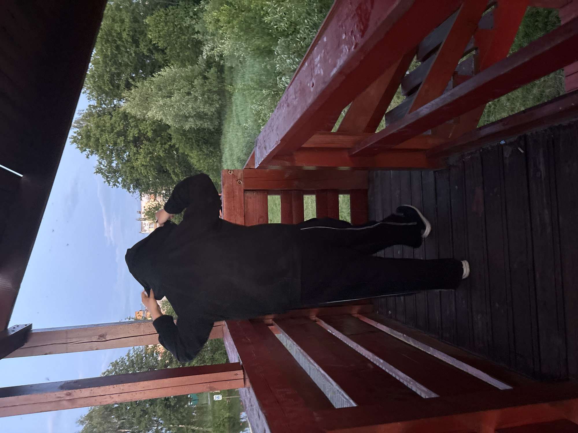 A person wearing a black hooded jacket and black pants stands on a wooden platform, pulling the hood over their head. The platform has a red railing. To the left of the platform, there is a body of water. Behind the platform, there are trees and a cloudy sky. The scene appears to be outdoors in a rural or park-like setting.