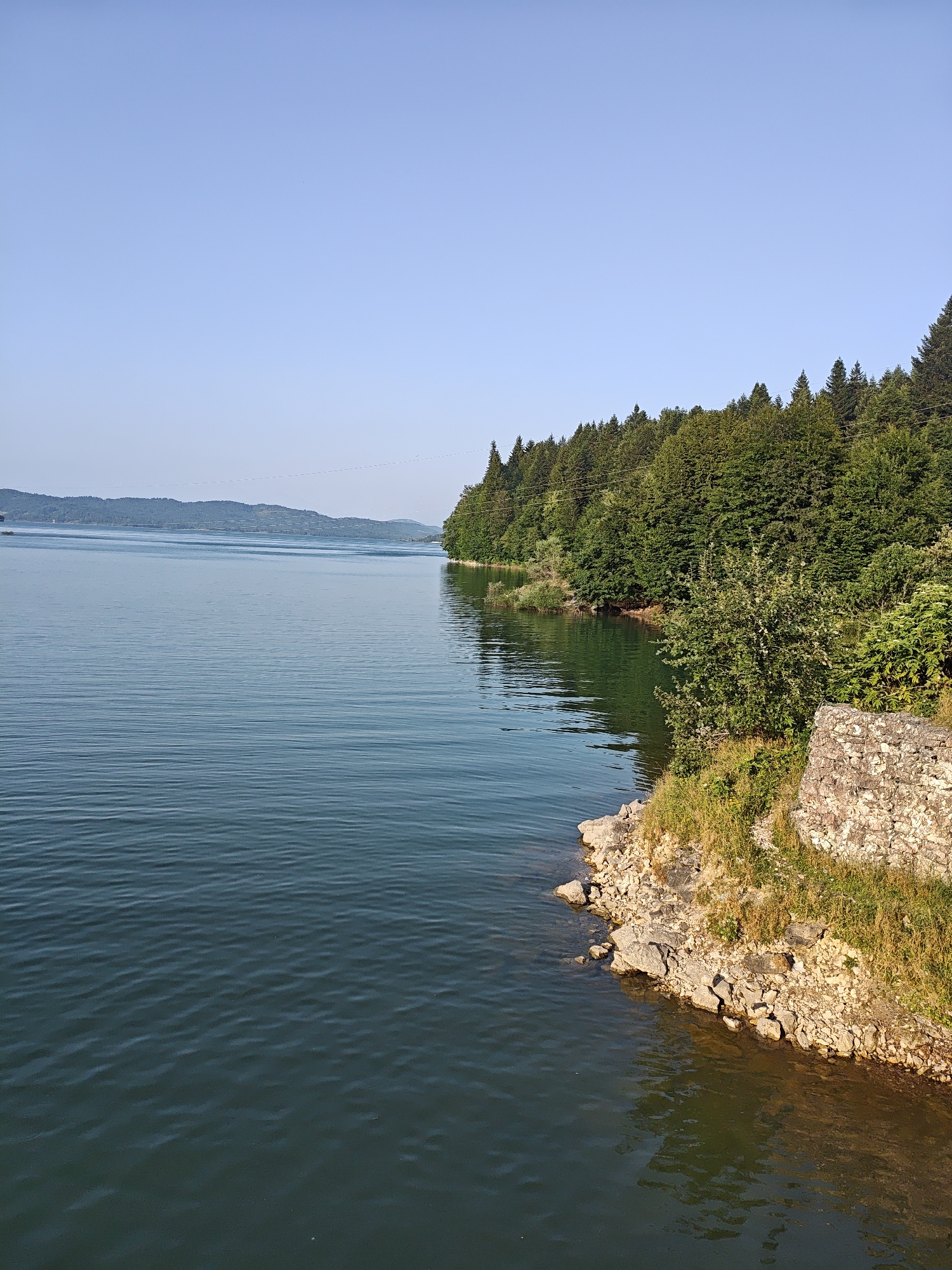 The image depicts a serene lake surrounded by lush green trees and rolling hills under a clear blue sky. In the foreground, a rocky shoreline leads into the calm, rippling water. The dense forest covers the land to the right of the lake, creating a natural barrier. In the distance, a range of hills forms the horizon. The scene appears to be a natural landscape, potentially a reservoir or a large lake in a mountainous region.