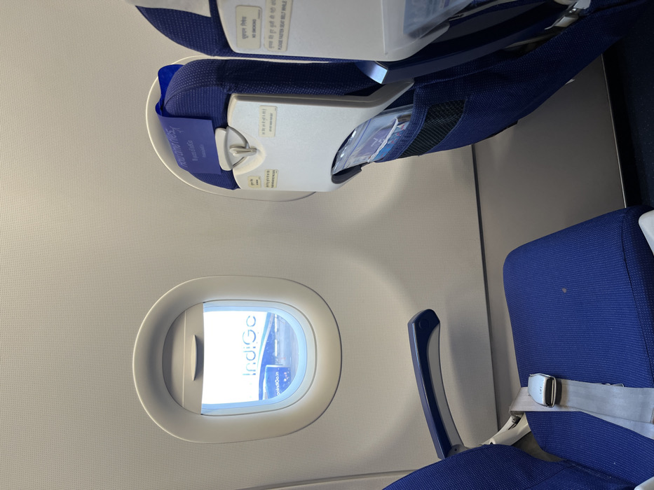 The image displays the interior of an airplane cabin, focusing on a window seat and the back of a seat directly in front. The cabin features dark blue fabric seats with light-colored headrests and tray tables. The main cabin walls are a textured off-white or light grey.
Through the oval-shaped airplane window, bright daylight is visible, and the branding "IndiGo" along with "indigo.in" is clearly seen on the exterior of the aircraft, likely on an engine cowling or wing.
On the back of the seat directly ahead, a light-colored tray table is visible. Attached to it are several informational stickers. Visible text includes "NO SMOKING" and its Hindi equivalent "धूम्रपान निषेध", as well as "PLEASE FASTEN SEAT BELT WHILE SEATED" and its Hindi counterpart "कृपया सीट बेल्ट बांधें". A blue item, possibly a magazine or safety card with "IndiGo" branding, is tucked into the seat-back pocket.
No people are visible in the frame, and the scene suggests the plane is either boarding, disembarking, or in transit during daytime. The image has a calm and static feel.