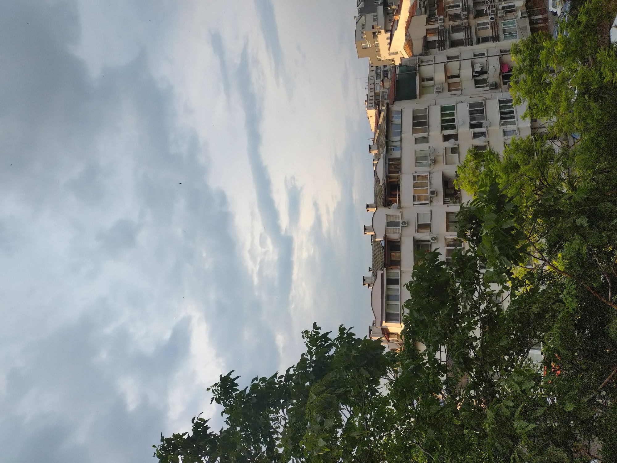 This image depicts an urban residential scene in Stara Zagora, Bulgaria, viewed from an elevated perspective, likely a balcony or upper floor, under an overcast sky. The upper half of the frame is dominated by a dense, grey cloud cover, with lighter patches indicating filtered sunlight. Several small, dark specks, likely birds, are visible against the sky, particularly in the upper right.
In the mid-ground and foreground, a large, leafy tree with dense green foliage occupies the left side of the frame, partially obscuring the buildings behind it. Below this, other smaller trees and green bushes are visible, contributing to the urban greenery.
A collection of multi-story residential buildings constitutes the backdrop, stretching across the middle and right sections of the image. These buildings exhibit various architectural styles but are predominantly painted in light tones such as white and cream. Many have tiled roofs (some terracotta, some darker grey) and multiple chimneys. Numerous windows, some with external blinds, are visible on the facades. Air conditioning units are attached to the exterior walls of several apartments. At least one balcony on a central building shows clothes hanging to dry. Portions of other buildings with varied rooflines and architectural elements are visible in the background, suggesting a dense urban environment. At the bottom right, parts of parked cars are faintly visible, indicating a street or parking area at ground level. No identifiable people are present in the scene.