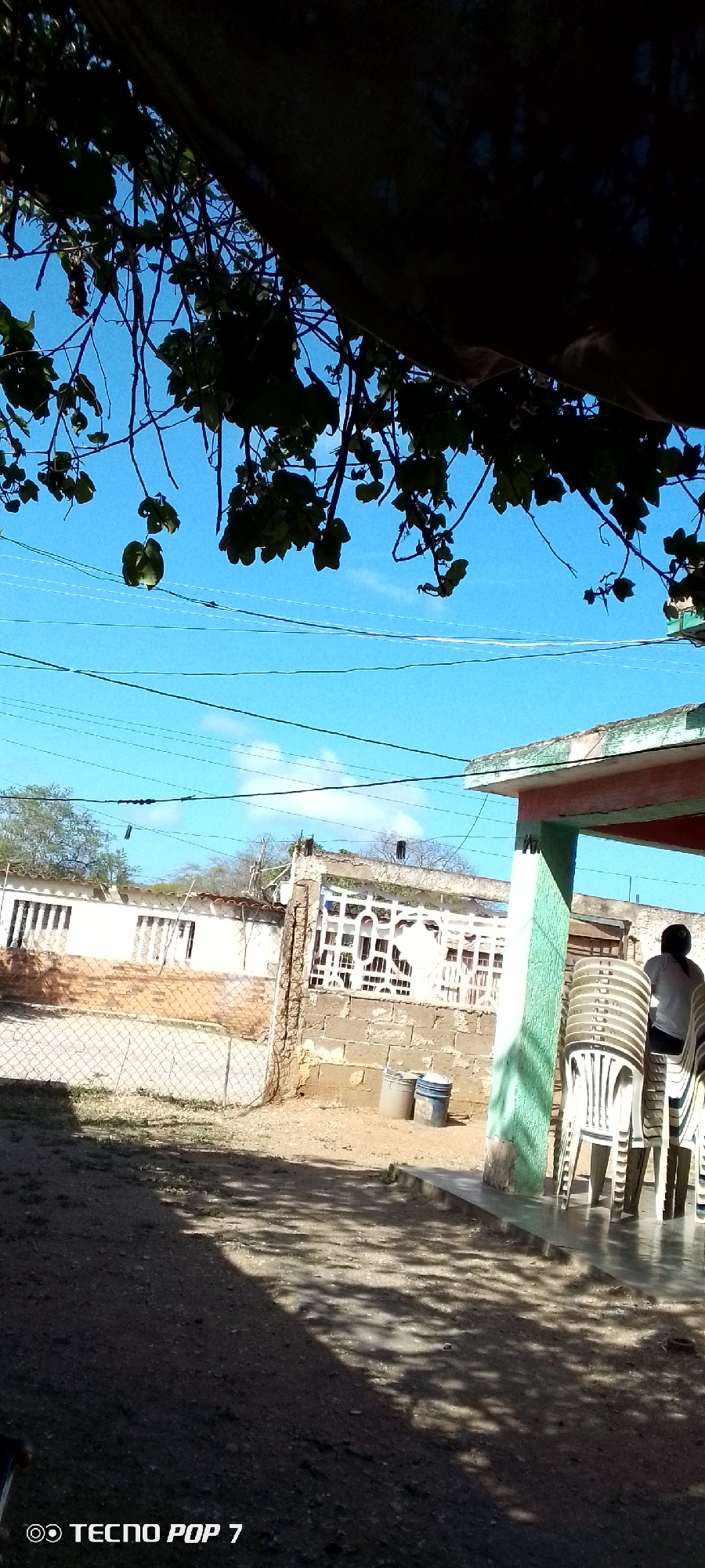 In Altagracia, Venezuela, a scene unfolds under a bright blue sky, partially obscured by dark tree branches with green leaves in the foreground. Several power lines are visible traversing the sky horizontally. To the left, a long, white building with barred windows stands behind a chain-link fence, bordered by a brick wall. Adjacent to it, a damaged structure with a decorative white grate atop a brick wall is present, with two large buckets, one gray and one blue, situated nearby. On the right side of the image, a porch with a light green and red roof is supported by a green pillar. Stacked white plastic chairs are arranged on the porch, and a person wearing a light-colored shirt and dark pants is seated among them, facing away from the camera. The ground in the foreground is dirt and gravel, with shadows of the tree branches dappled across it. The bottom left corner of the image displays the text "TECNO POP 7".